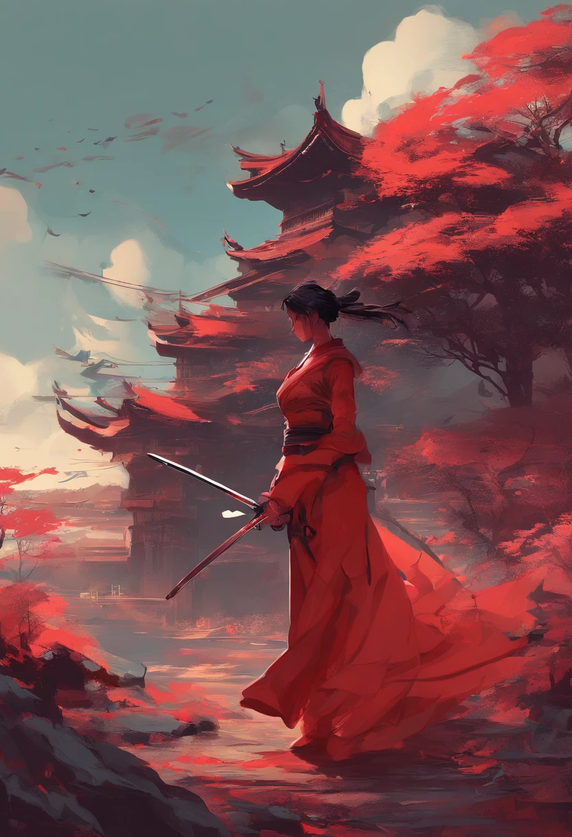painting of a woman in a red dress holding two swords, concept art inspired by Kanō Hōgai, cgsociety contest winner, digital art, female samurai, tithi luadthong, craig mullins alphonse mucha, samurai, very beautiful cyberpunk samurai, artgerm craig mullins, pretty samurai with afro, she is holding a katana sword