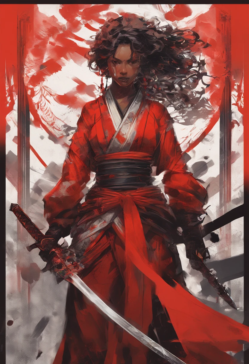painting of a woman in a red dress holding two swords, concept art inspired by Kanō Hōgai, cgsociety contest winner, digital art, female samurai, tithi luadthong, craig mullins alphonse mucha, samurai, very beautiful cyberpunk samurai, artgerm craig mullins, pretty samurai with afro, she is holding a katana sword