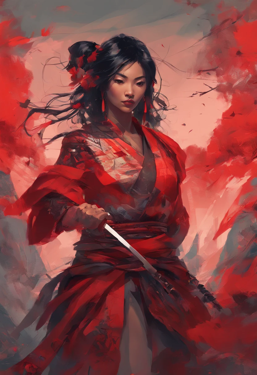 painting of a woman in a red dress holding two swords, concept art inspired by Kanō Hōgai, cgsociety contest winner, digital art, female samurai, tithi luadthong, craig mullins alphonse mucha, samurai, very beautiful cyberpunk samurai, artgerm craig mullins, pretty samurai with afro, she is holding a katana sword