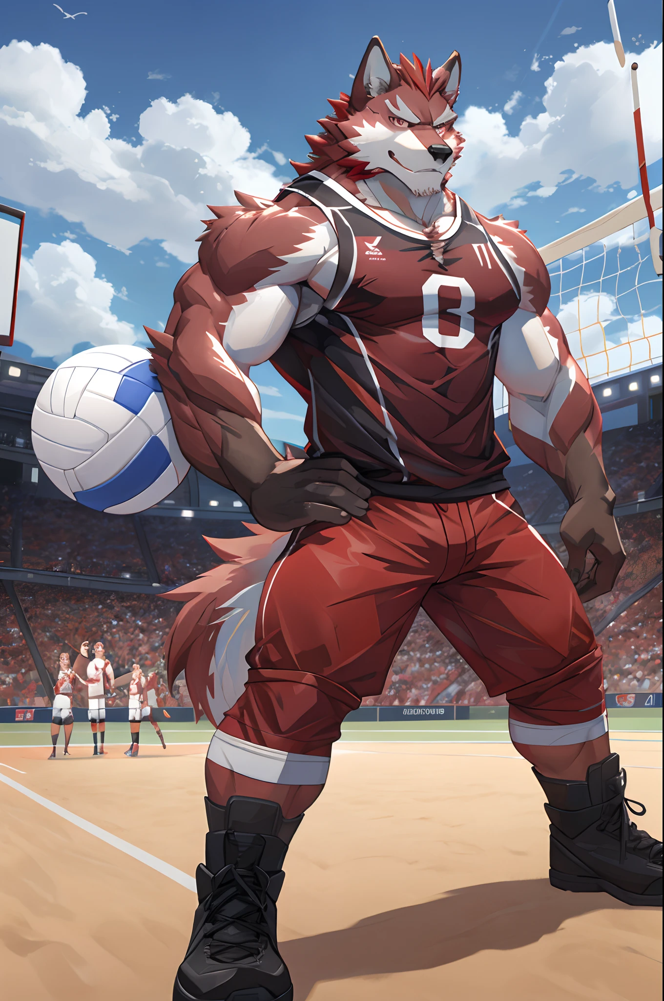 Best quality, Diederich, Furry Wolf, Red Fur, Red eyes, Medium Muscular Body, Handsome, Handsome, Good Looking, Volleyball Shirt, Cool Pose, Fierce, Smiling, Volleyball Field Background