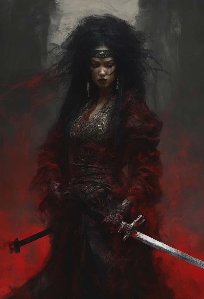 painting of a woman in a red dress holding two swords, female samurai, tithi luadthong, craig mullins alphonse mucha, samurai, very beautiful cyberpunk samurai, pretty samurai with afro, artgerm craig mullins, she is holding a katana sword, pino daeni and dan mumford, samurai with afro, katana, guweiz masterpiece