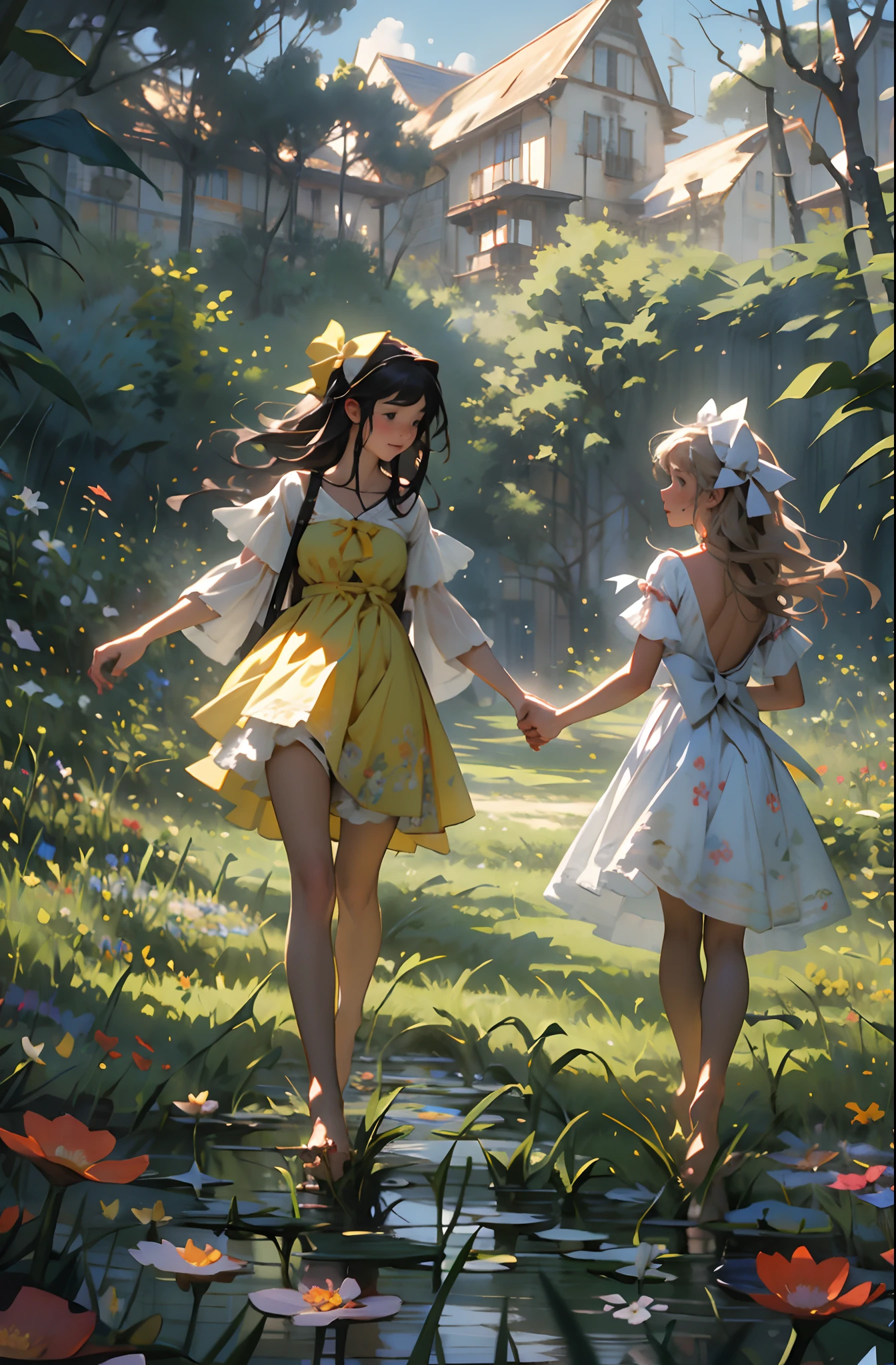 alice in the wonderland, (A bow on the head:1.1), Upper body,twogirls,2 sisters,Two girls stand in a field of flowers looking up at the sky, Two girls stand in a field of flowers, Two girls walking in a field of flowers, Get lost in a fantastic wonderland, standing in flower field, dreamlike digital painting, The sky is gradually clearing, The starry sky gradually receded,(Monet, Impresionismo, Oil painting), Barefoot,Barefoot,Have fun,01