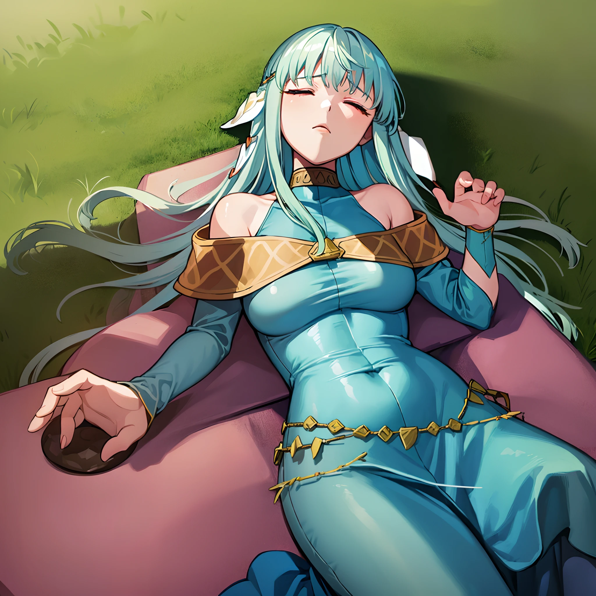 Ninian is lovingly languid and torpid in a crater after losing a tough battle, lieing lifeless and inert. She cannot move from her prone position lieing on her back, unable to open her eyes or breath. (Ninian), (blue hair, blue eyes, long hair, closed eyes, anguished, smeared, and sullied face), (Dress), (long blue dress, bare shoulders, jewlry, torpid in a dry gras field, anguished facial expression, closed eyes) (anguished closed eyes:1), (Ninian languid, prone on her back, defeated:1.5), Ninian is listless and motionless in a dry grass field, Ninian is sullied and dirty:1.2, (no pillows:1.0), (solo, one person, 1girl:1.5), ninian fe, red eyes, long dress, jewelry, dancer