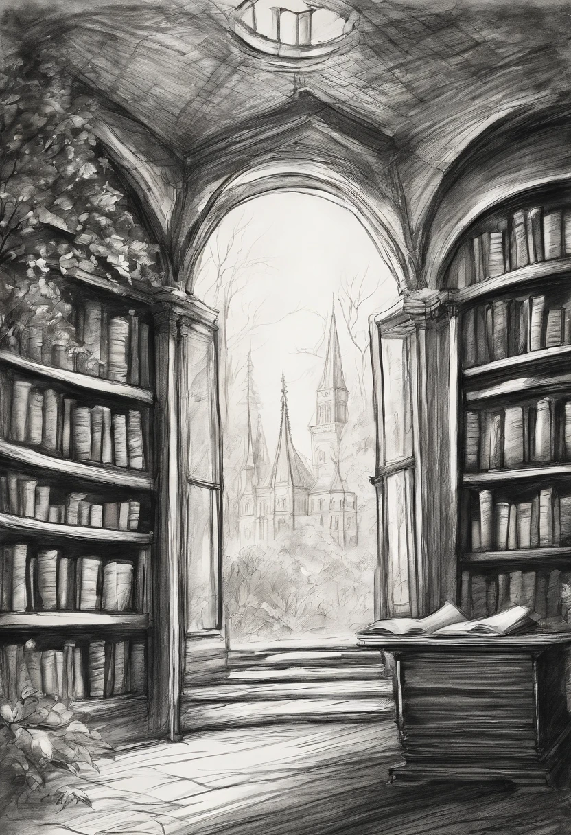 Rough charcoal sketch on old paper, Inside Enchanted Magical Library, Its shelves are adorned with books, COLOR THE BOOKS MULTIPLE COLORS, 
shimmering with untold secrets and the silent murmurs of hidden yearnings, Inside a Large beautiful Library with shimmering, glowing books, Magical, sparkling walls，fantasy，Leonora Carrington，a fantasy
Clean line art,+Expressive lines,Paint in an expressive sketch style, hatching, Black and white sketch, hand painted, Rough charcoal sketch on old paper Enchanted Magical Library, in the middle of the forest, Clean line art,+Expressive lines,Paint in an expressive sketch style, hatching, Black and white sketch, hand painted, sketching, Linear style::Sketch note style sketch, Linear style::Sketch annotation style, COLOR THE BOOKS ON THE SHELVES