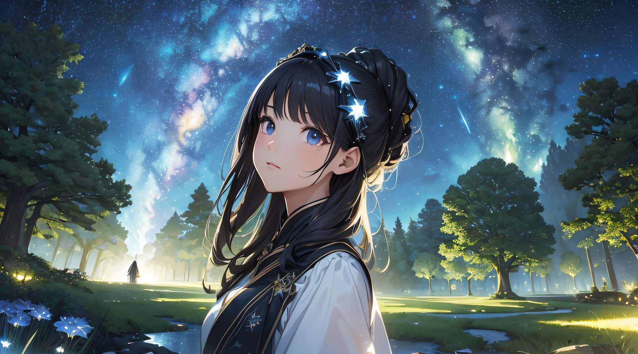 ​masterpiece、Background with((Fantastic starry sky、meteors、black hole))、Depth((Huge fantastic tree、Luminescent vegetation))、a beauty girl、Traditional costumes、Looking up