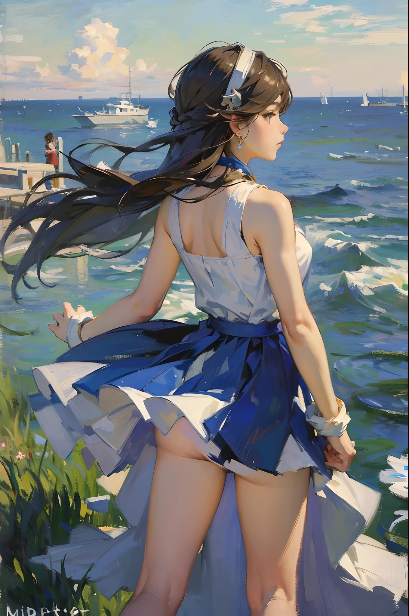 ((Best quality)), ((Masterpiece)), ((1girll)), Solo, ferry, ((Long hair)), Ferry base, ((upper legs)), Bare shoulders, ((jewelry)), ((Sleeveless)), White dress, Blue skirt, ((mitts)), thigh high, From behind，(Monet, Impresionismo, Oil painting), 0