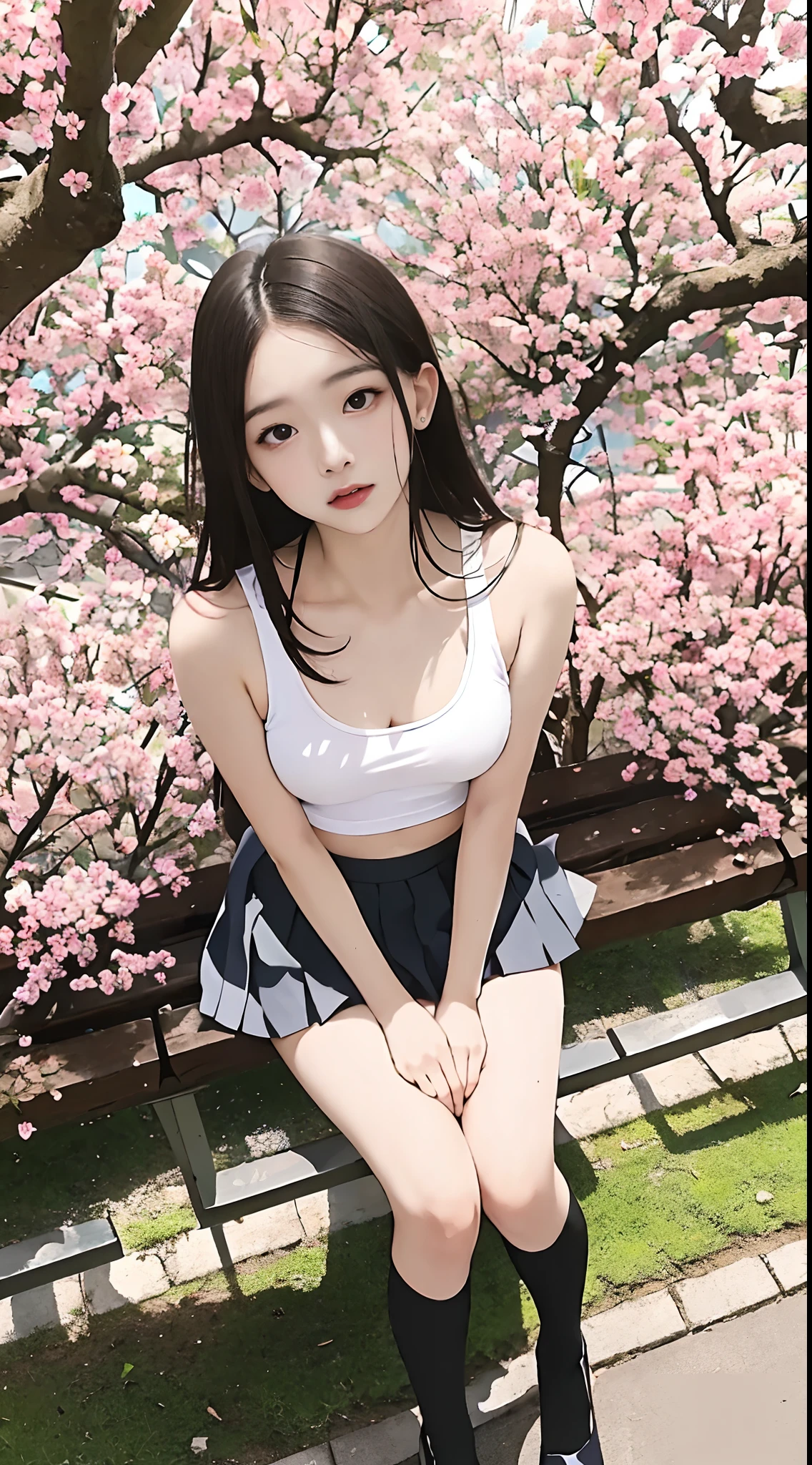 ​masterpiece、top-quality、超A high resolution、(Photorealsitic)、Raw photography、(degrees of freedom:1.2)、(portlate)、A hyper-realistic、
1 Japan Girls, (35 year old), kawaii, kawaii,masutepiece, Best Quality, Highly detailed,highly accurate,
1girl in,((Covers the whole body,pleatedskirt)),((Neon colored bodysuit,Detailed bodysuit,White and black and purple bodysuit,Evangelion Style,plugsuit),(The sheen))),  brown haired:1.3,Distant Eyes:2.0,Solid eye makeup:1.5,very small chest:1.3,big eye:1.5,Cherry blossoms fall,Bright Full Moon,moonlights,Pink interpolation color