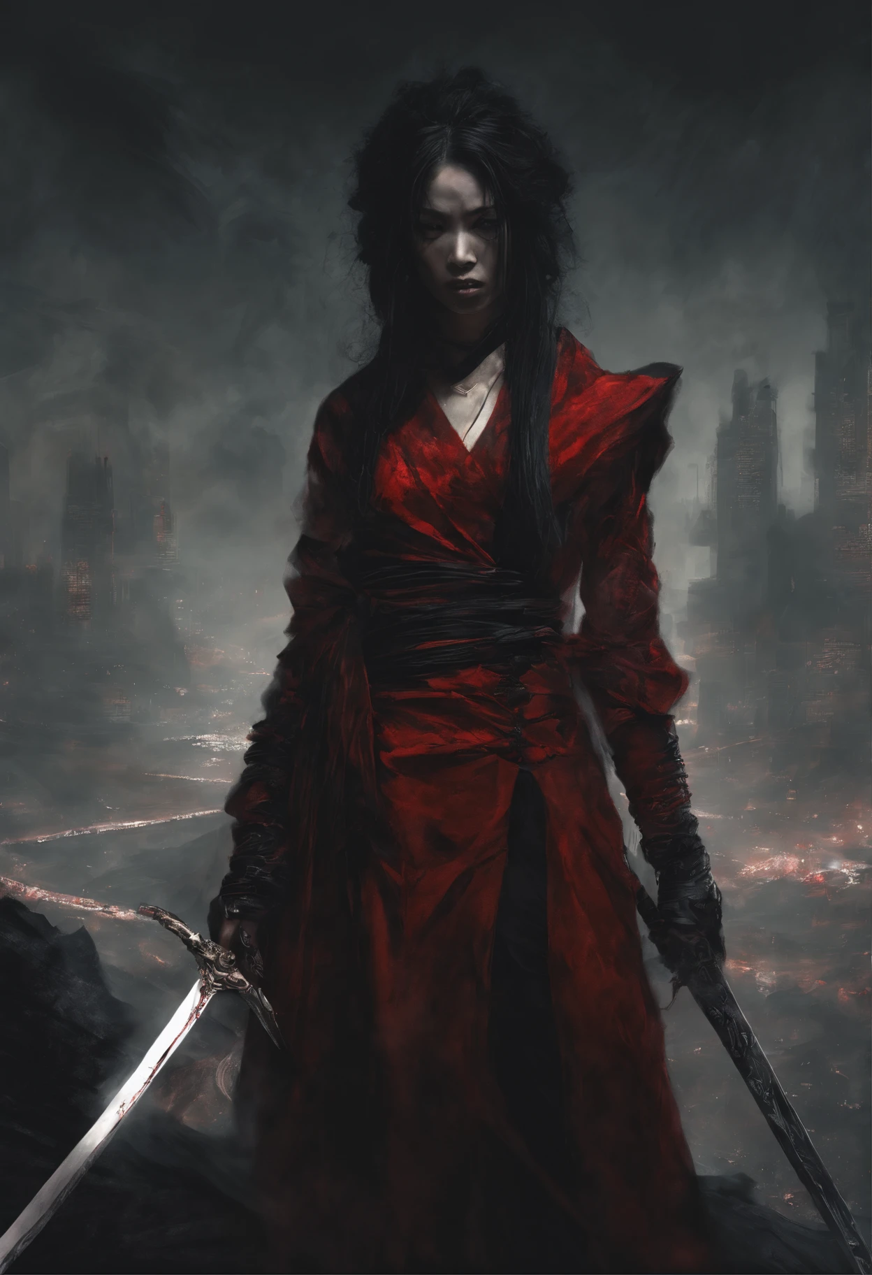 painting of a woman in a red dress holding two swords, concept art inspired by Kanō Hōgai, cgsociety contest winner, digital art, female samurai, tithi luadthong, craig mullins alphonse mucha, samurai, very beautiful cyberpunk samurai, artgerm craig mullins, pretty samurai with afro, she is holding a katana sword