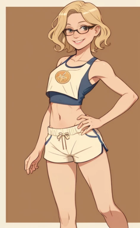 A beautiful blonde barefoot woman, with short wavy hair, wearing glasses, a croptop and sportsshorts, smiling.