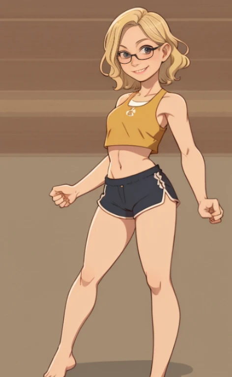 A beautiful blonde barefoot woman, with short wavy hair, wearing glasses, a croptop and sportsshorts, smiling.