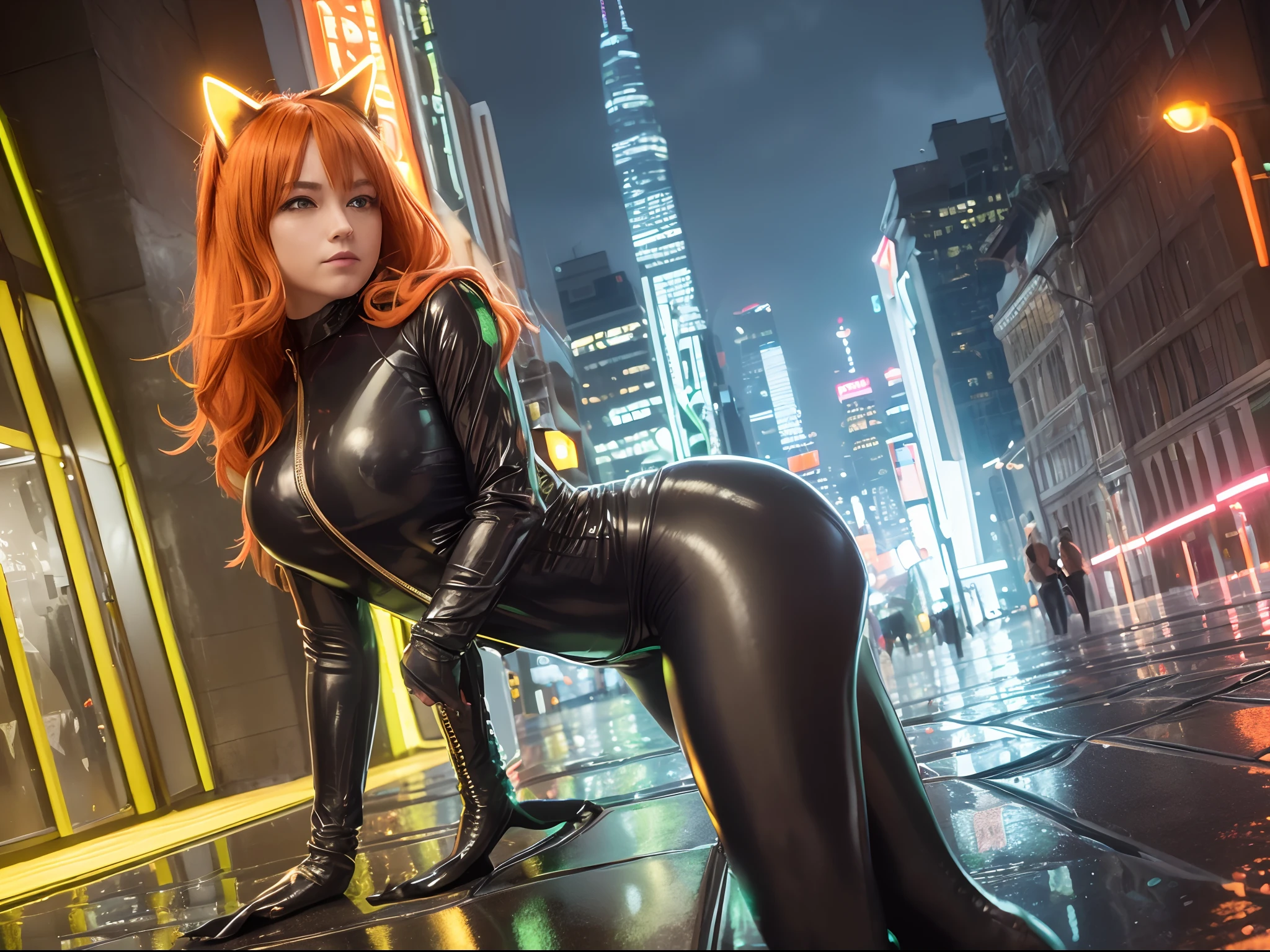 Feline Charisma Recommended aspect ratio: 3:4 Prompt: (masterpiece, high resolution, photo-realistic:1.3), (cat girl:1.2), beautiful young woman, (fluffy cat ears:1.1), (striking green eyes:1.2), (long orange hair:1.1), wearing (tight black leather suit:1.2), (clawed gloves:1.1), standing on a rooftop, (urban cityscape:1.1), (nighttime:1.2), (full moon:1.1), (dramatic lighting:1.1), confident pose, (feline tail:1.1), dynamic angle, (neon lights:1.2), (rainy atmosphere:1.1), (reflective puddles:1.1), richly textured walls, intricate brickwork, gleaming glass buildings, (tetradic color scheme:1.2), orange, green, blue, and purple, looking away from the viewer, mysterious smile.