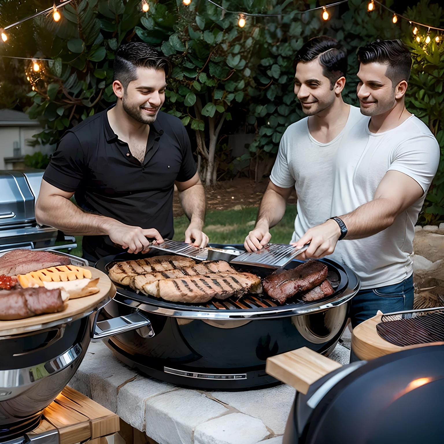 Father's Day, dad preparing roast, en asador de parrilla, asando carne, pollo y chorizos, in the company of his family. hyper realistic photography 