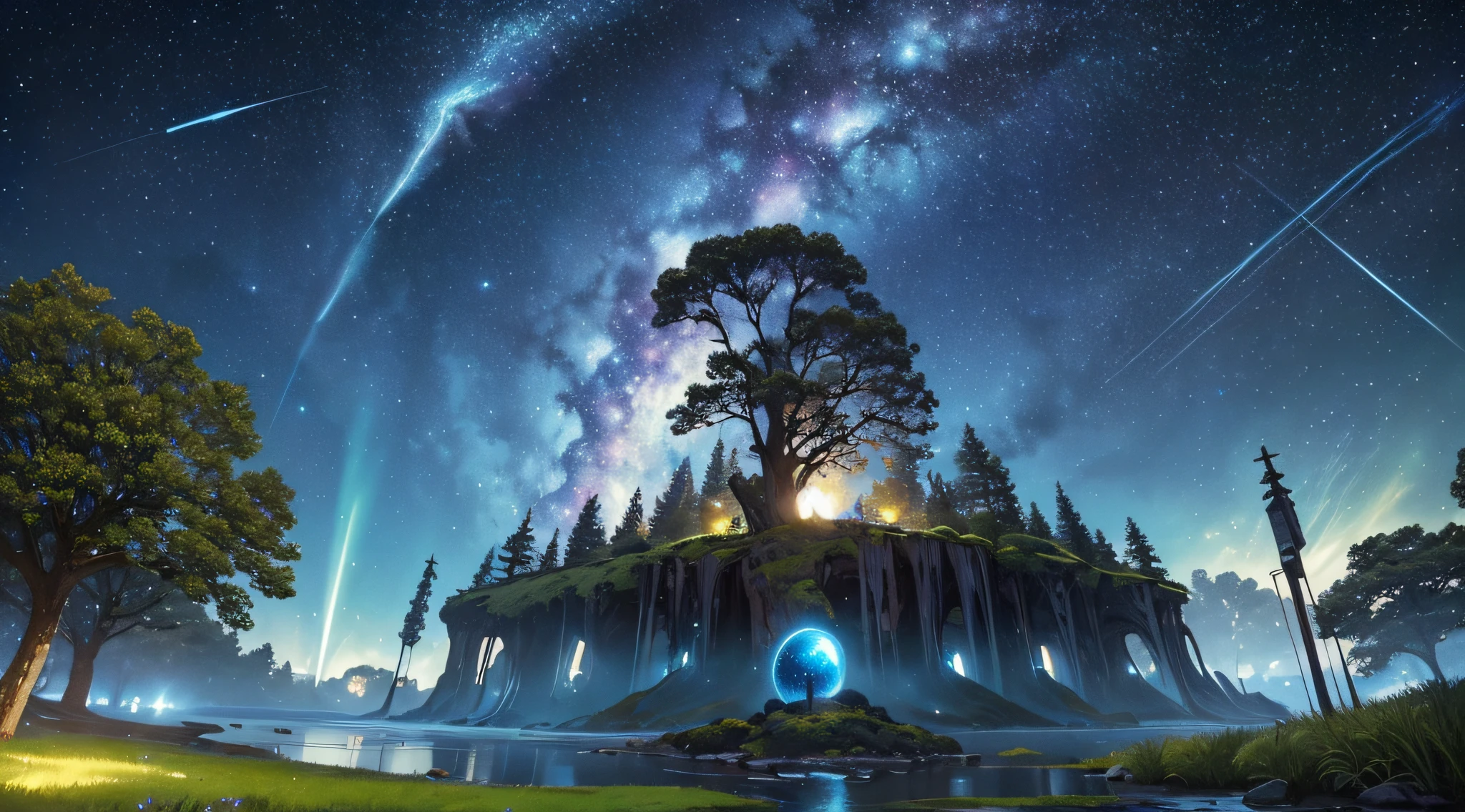 masterpiece、Background with((Fantastic starry sky、meteors、black hole))、Depth((Huge mysterious tree、Luminescent、plants))、a beauty girl、Traditional costumes、Looking up