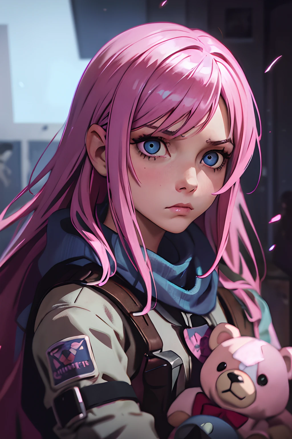 1girl, pink hair, blue eyes, (cowboy_shot:1.2), face focus, long hair, sidelocks, scared,(terrified:1.1) screaminf expression, holding teddy bear, atmospheric lighting, moody, darkness, in an old abandoned museum, transparent glass display cases filled with interesting objects, dusty, post-apocalypse, cobwebs, superb, beautiful 8k wallpaper, extremely detailed, intricate
