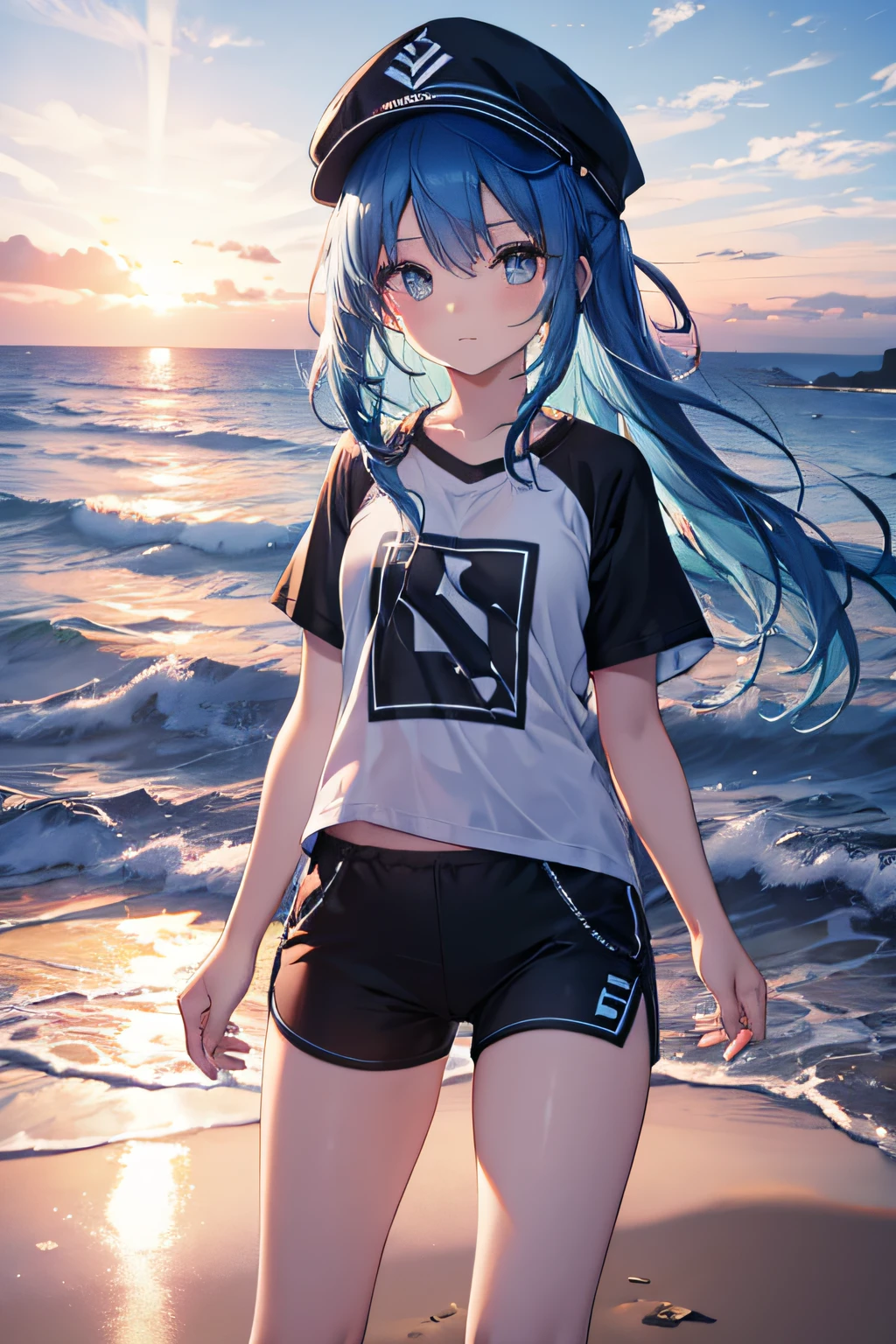 wallpaper, 1girl, blue hair, black cap, white t-shirt, black shorts, in a sunset beach