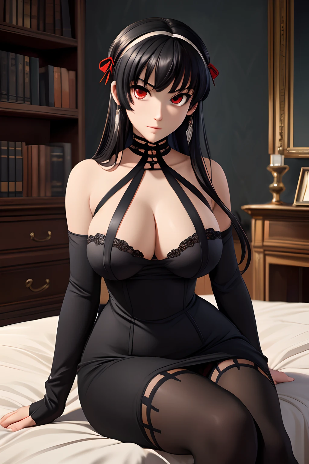 ((ultra quality)), ((tmasterpiece)), Yor Forger, ((black hair with Yor Forger hair clips)), Beautiful cute face, Charming, ((sexy facial expression)), is looking at the camera, ((Skin color: white)), Body glare, ((Beautiful Female Eyes)), ((red-eyes)), ((Perfect Sexy Figure)), Ideal body shapes, big thighs, ((Subtle and beautiful)), Sexy Sitting Position, ((black clothing by Yor Forger)), background: Victorian house, Depth of field, ((clear image)), ((crisp details)), Realistic, Professional Photo Session, ((Clear Focus)), ((cartoon)), the anime, NSFW