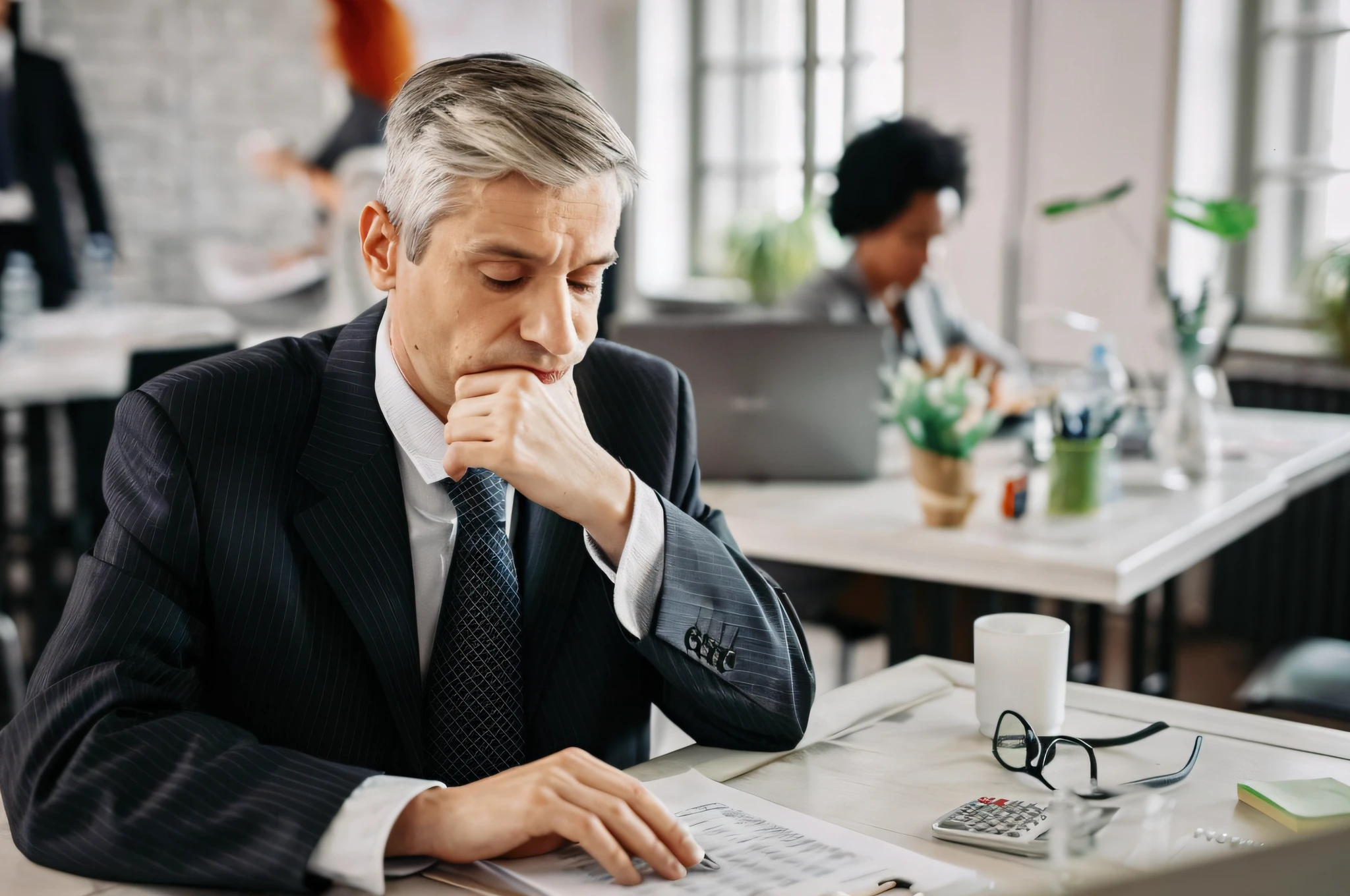 arafed man in a suit sitting at a table with a calculator, looking exhausted, looking tired, old man doing hard work, thoughtful, lost in thought, professionally designed, sad man, pondering, thoughtful expression, working in an office, working hard, eyes closed or not visible, worn out, tired expression, deep in thought, looking sad, struggling, 8k, masterpiece, detailed