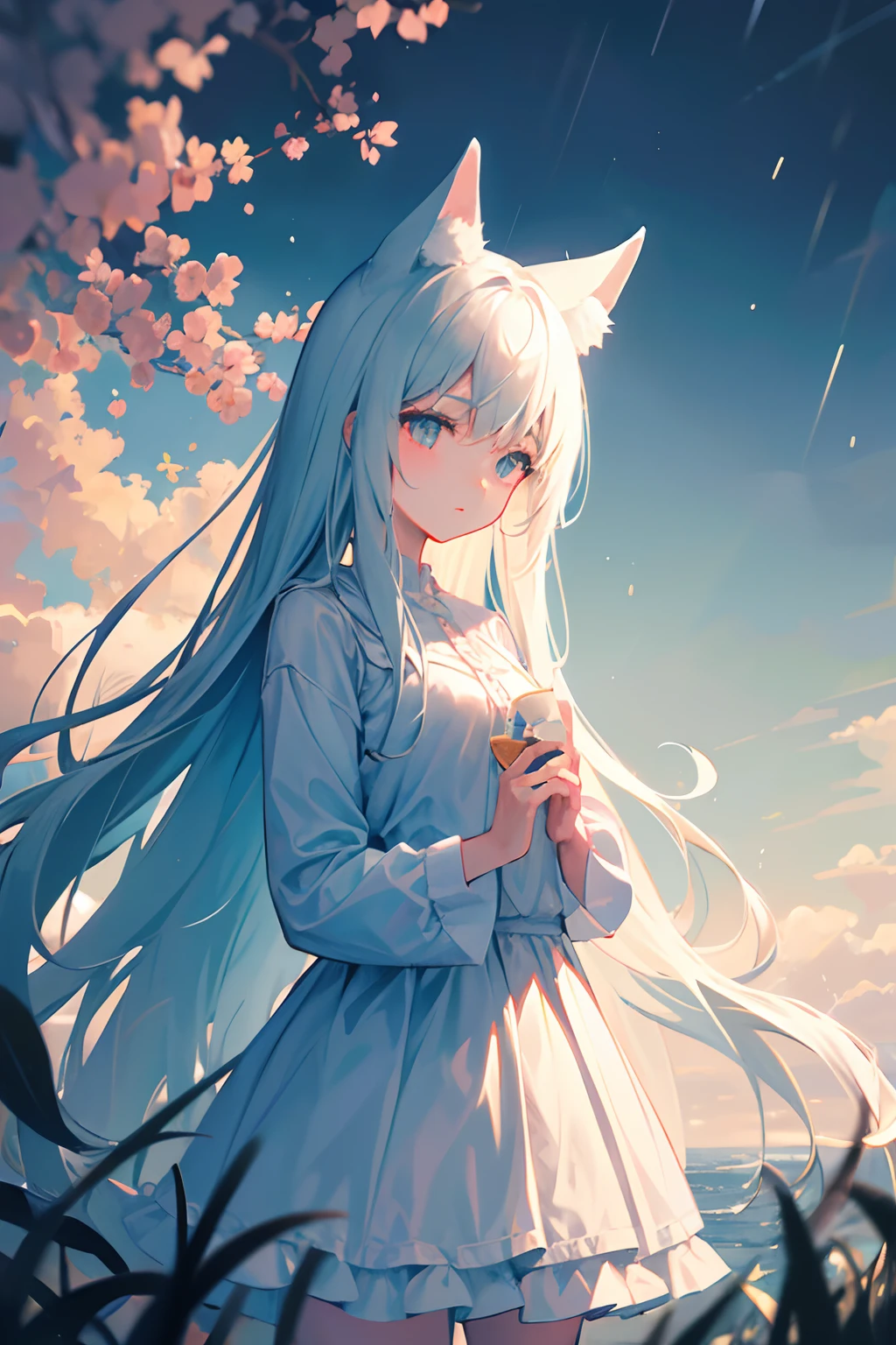 Create an illustration of a girl gazing up at the sky. Despite the clear weather, rain is mysteriously falling from the cloudless sky. The absence of rain clouds, coupled with the surreal sight of rain in the bright sky, adds a magical touch to the scene. To enhance the enchantment, depict a white fox subtly hiding, secretly observing the girl. This fantastical illustration captures the mystical ambiance of a moment where the ordinary is transformed into the extraordinary, inviting viewers to immerse themselves in the wonder of this surreal and magical world