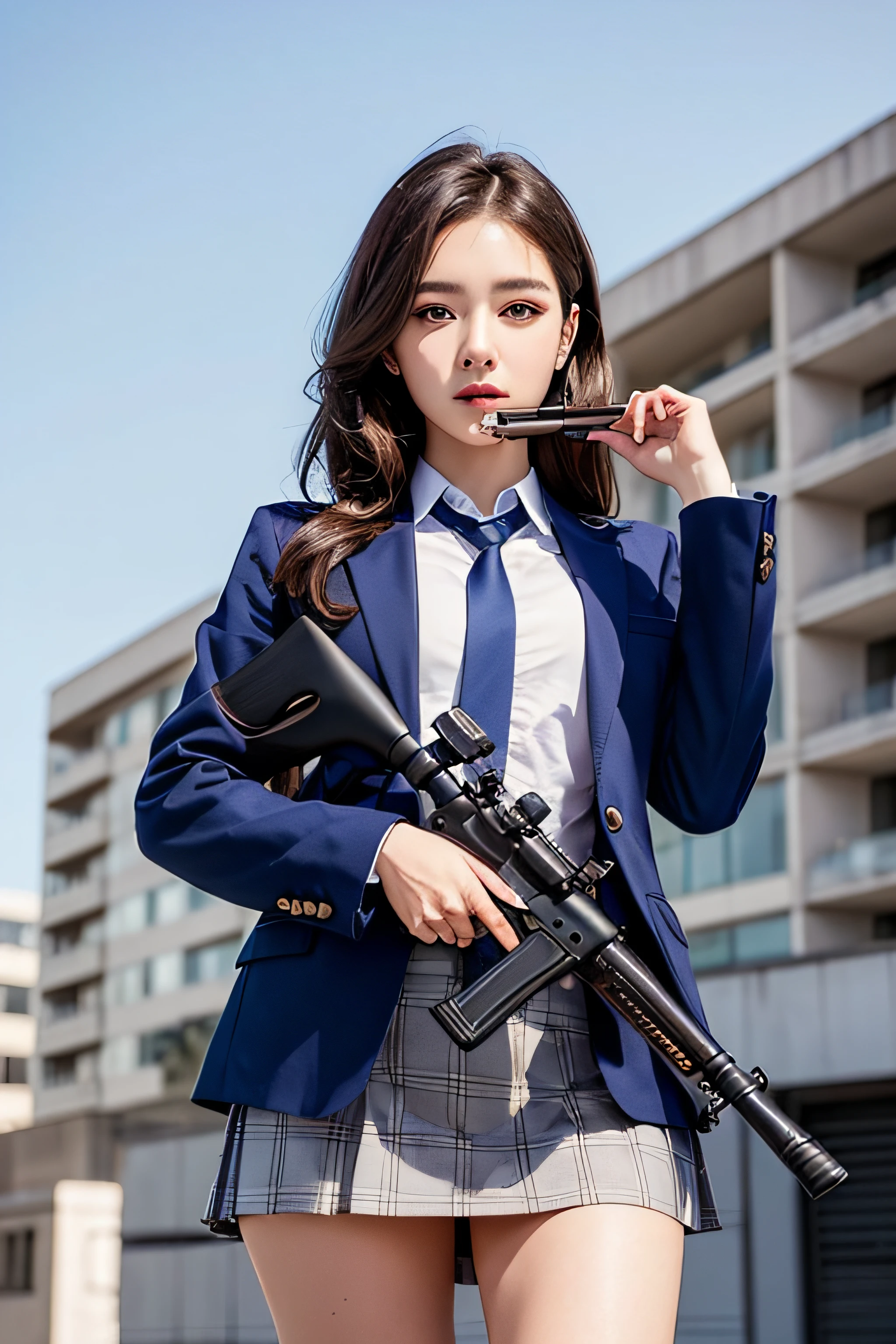 1womanl、(Super beautiful)、(beauitful face:1.5)、(A detailed face)、is standing、(high-school uniform)、Dark blue jacket、white  shirt、neck tie、Plaid mini skirt、Brown hair、(Dark makeup)、(holding rifle)、(Aim your rifle:1.5)、h&K HK416、(On the roof of a high-rise building)