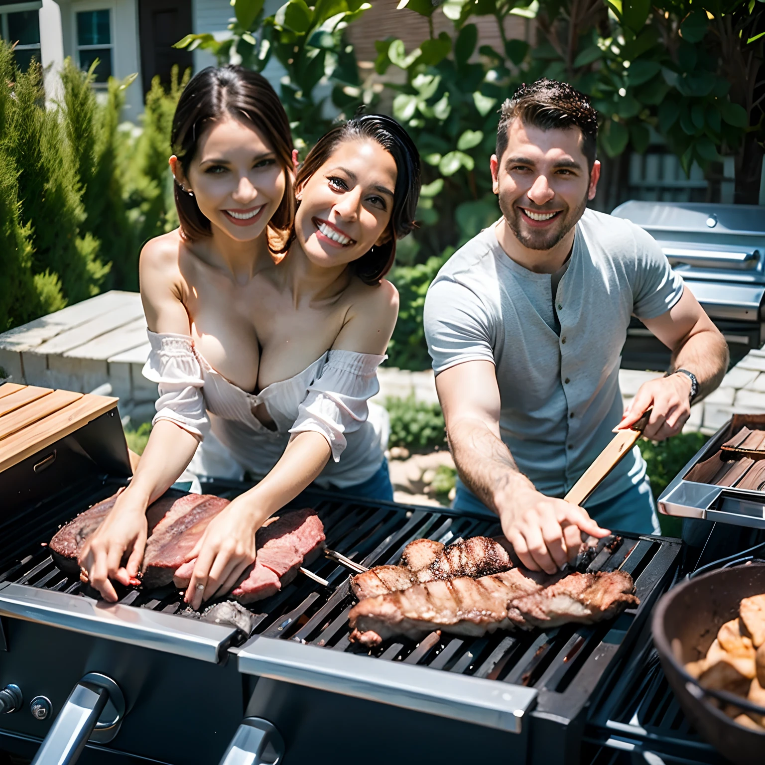 (((2heads))), husband and wife side by side, grilling some meats on an outdoor grill in the backyard of a typical American suburban house,