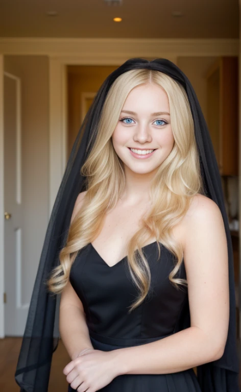 Wide shot portrait of a 23 years old blonde woman wearing a black veil, high heels and a long black dress, calm smile, blue eyes, freckles.