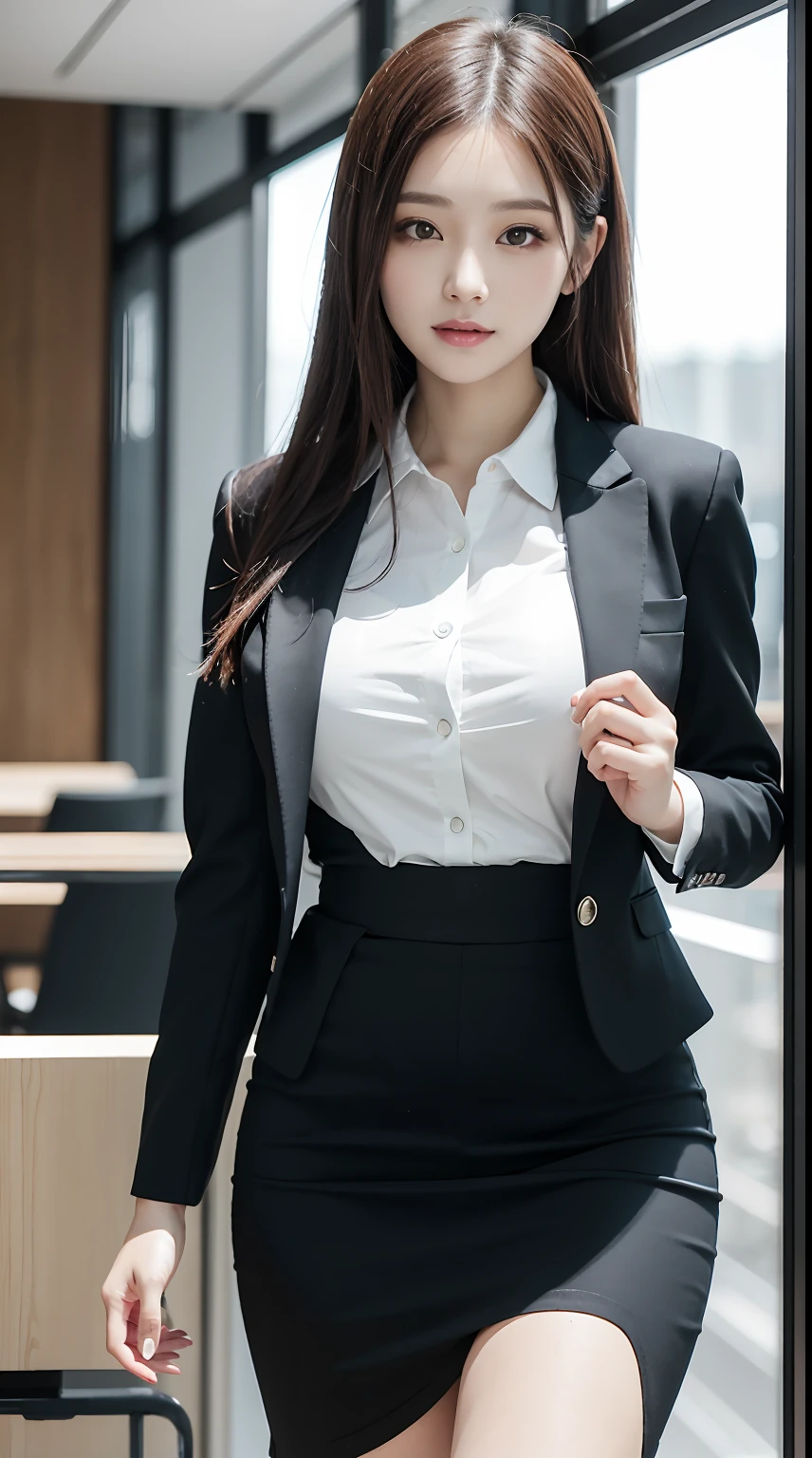 4k,8k,16k,32k,realistic, photorealistic, RAW photo,ultra realistic photo ,Best Quality, High Quality,Ultra Quality, 8K Portrait,CG unity 8k wallpaper, insanely detailed beautiful kawaii face,A Japanese Lady,20~40 years old ,large breast, voluptuous,(woman's Black Business Suit tight midi Skirt),frontage,full body shot,in Glass-walled IT Office