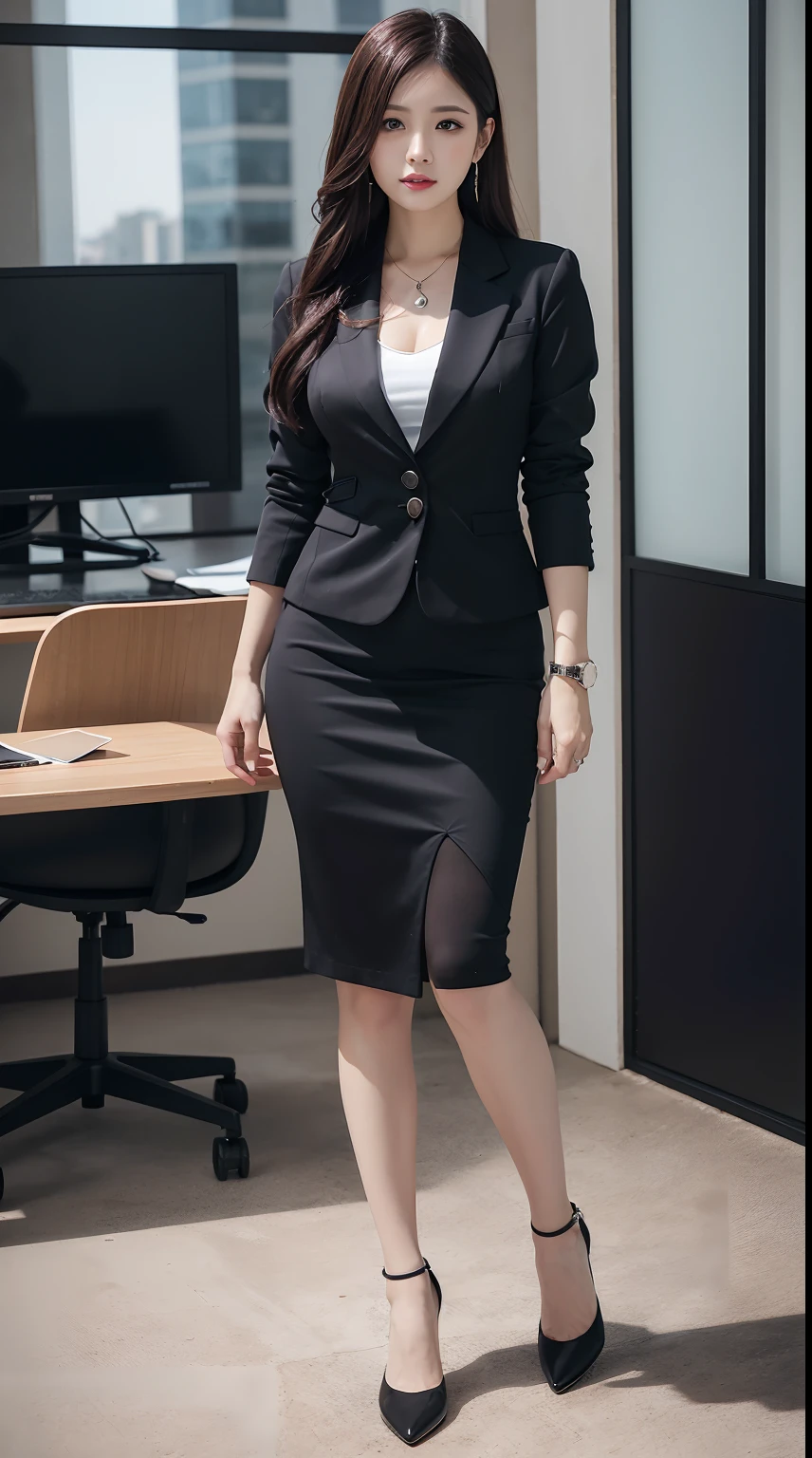 4k,8k,16k,32k,realistic, photorealistic, RAW photo,ultra realistic photo ,Best Quality, High Quality,Ultra Quality, 8K Portrait,CG unity 8k wallpaper, insanely detailed beautiful kawaii face,A Japanese Lady,20~40 years old ,large breast, voluptuous,(woman's Black Business Suit tight midi Skirt),frontage,full body shot,in Glass-walled IT Office