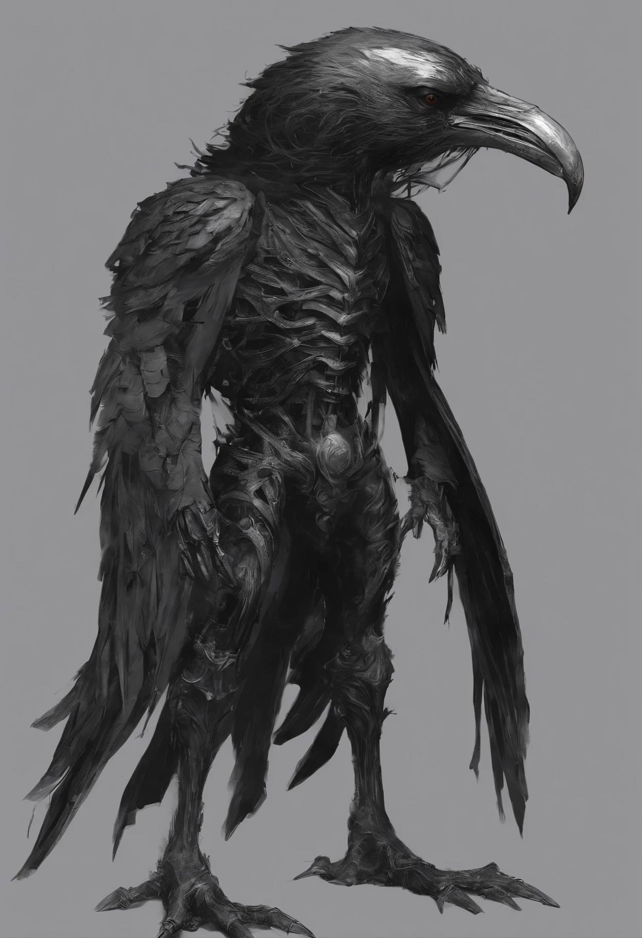 there is a black bird with a white and black body and a black head, detailed full body concept, realistic creature concept, full body concept, creature concept art, raven monster, creature design, concept creature character art, crow in cyber armour, humanoid creature, anthropomorphic raven knight, a humanoid thistle monster, detailed full body concept art, monster concept art