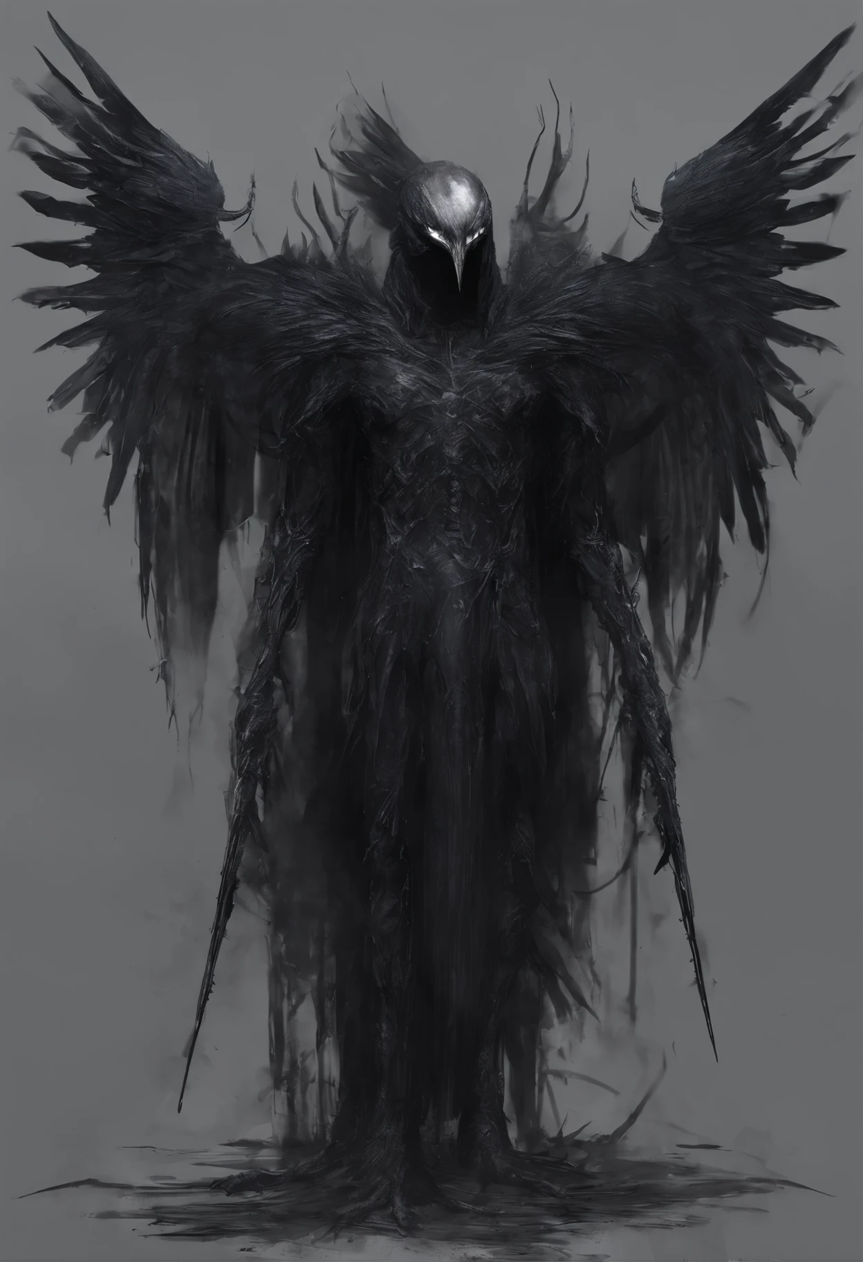 there is a black bird with a white and black body and a black head, detailed full body concept, realistic creature concept, full body concept, creature concept art, raven monster, creature design, concept creature character art, crow in cyber armour, humanoid creature, anthropomorphic raven knight, a humanoid thistle monster, detailed full body concept art, monster concept art