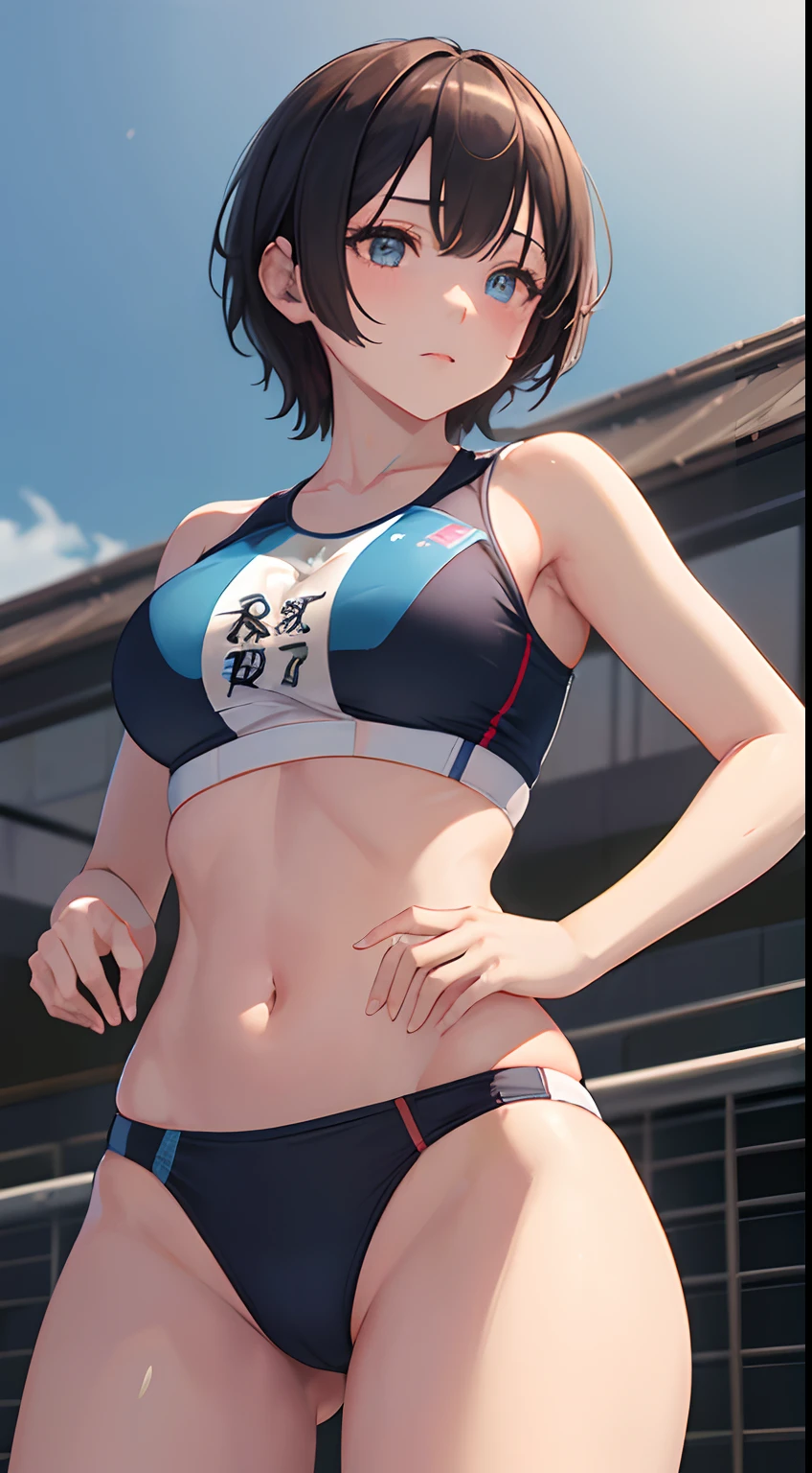 (masutepiece, Best Quality, fine lines:1.4), 8K, 85mm Portrait, Raw photo, absurderes, Delicate girl, Cowboy Shot, (thighs thighs thighs thighs, From below:1.3), Shiny skin, (track uniforms, Sportswear, sports bras, sports bikinis:1.3), rikujou, track and field, Teen, Looking at Viewer, 18year old, Short hair, nffsw, Sharp Focus, hight resolution, Photography, Realistic, highest details, ighly detailed, ultra-detailliert, finely detail, Eyes and faces with detailed, Sharp pupils, Realistic pupils, (Smile:0.8), (Bokeh background:1.2)