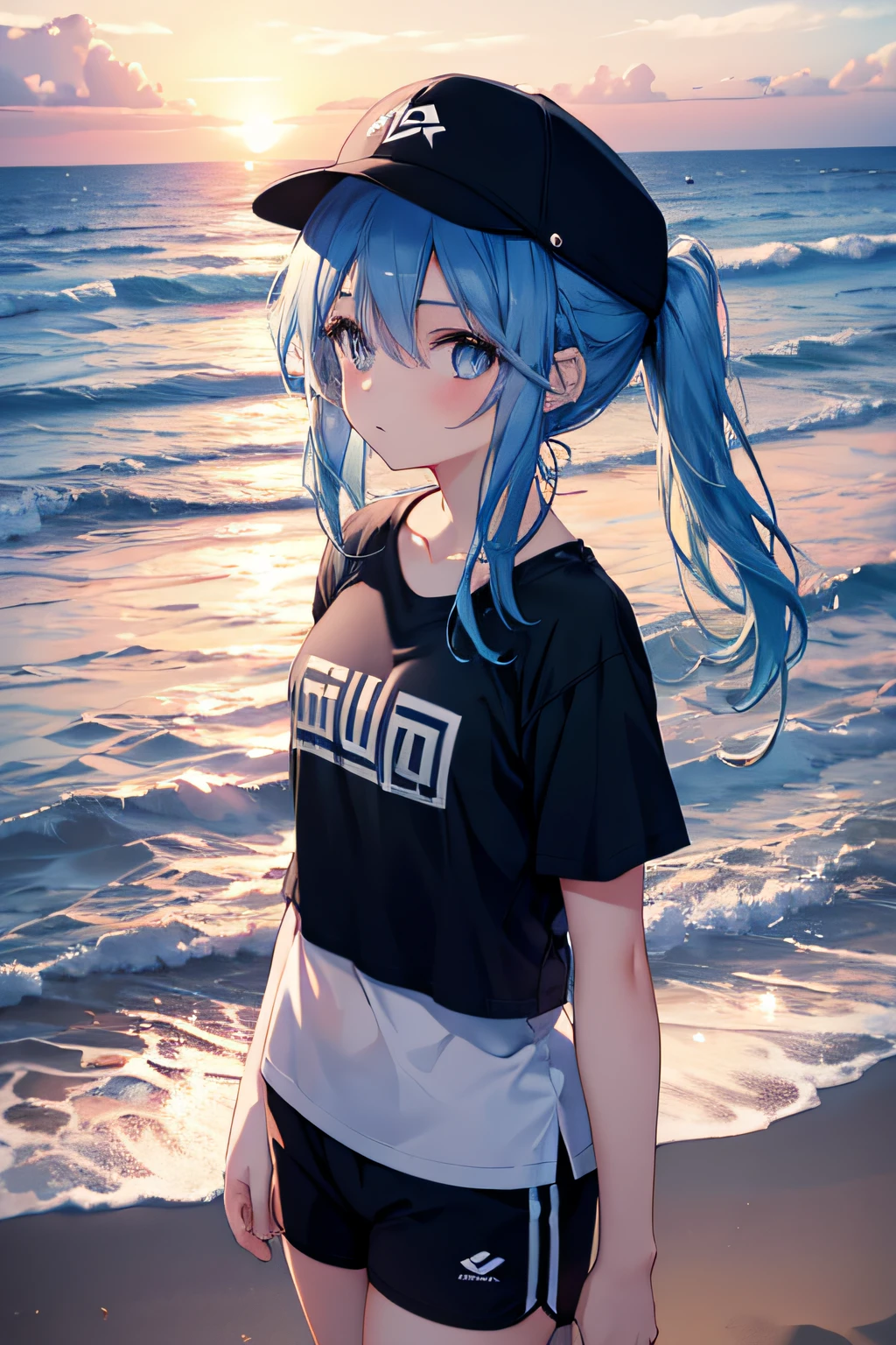 wallpaper, 1girl, blue hair, black cap, white t-shirt, black shorts, in a sunset beach