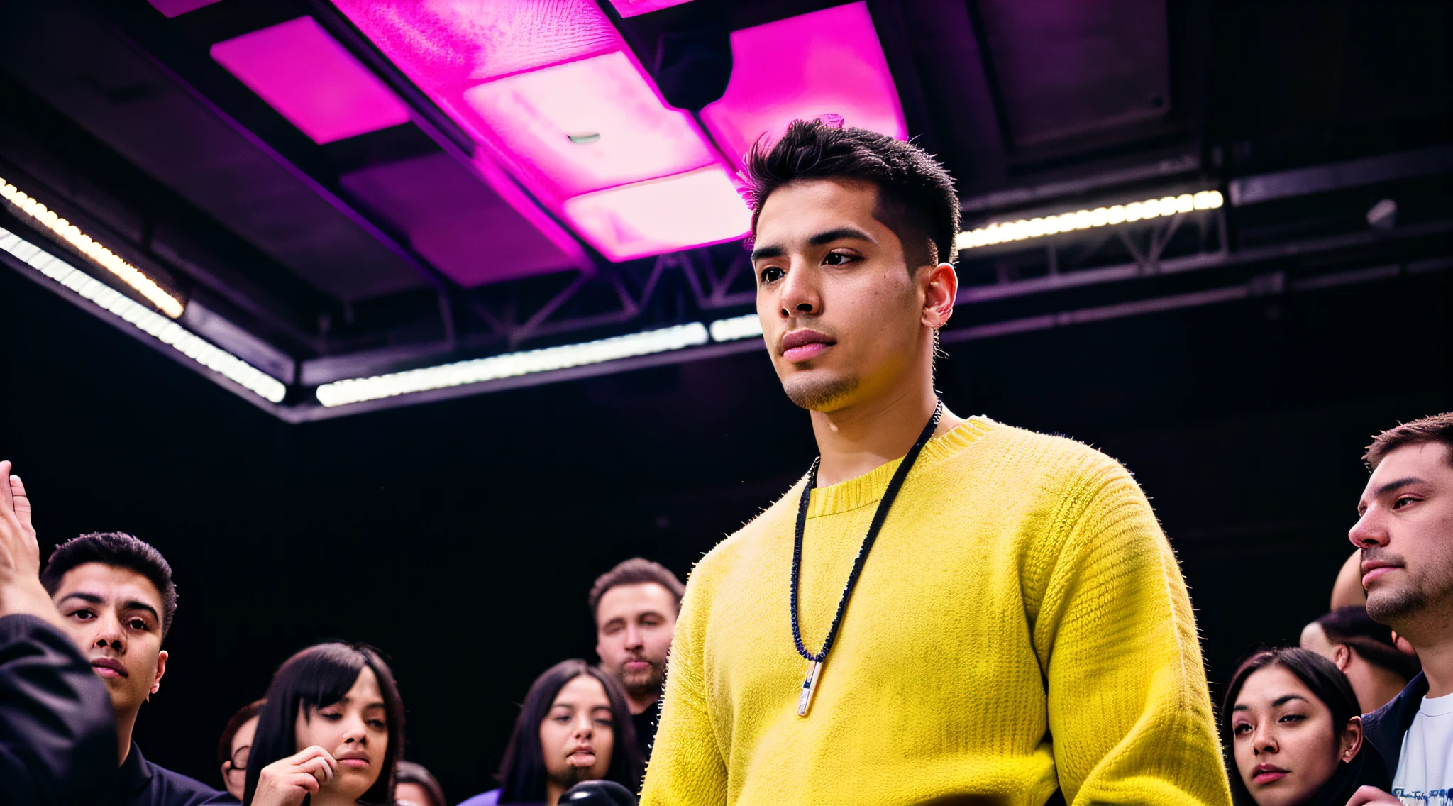 RAW, Masterpiece, Super Fine Photo, Ultra High Resolution, Photorealistic, Full Body Portrait, latino hispanic young man wearing, black pants and yellow sweater, black hair, cyberpunk hairstyle, stands on stage in front of a crowd speaking to the audience, cybernetically enhanced, pigeoncore, neo-dadaist, mechanized precision, in the style of mecha sci-fi anime, 8k, best quality, highres,Ultra-realistic 64K CG, Photorealista:1.4, Skin Texture:1.4, Volumetric fog, 8k uhd, dslr, high quality, film grain, pink light emits from tv in background, photorealism, lomography, translucent
