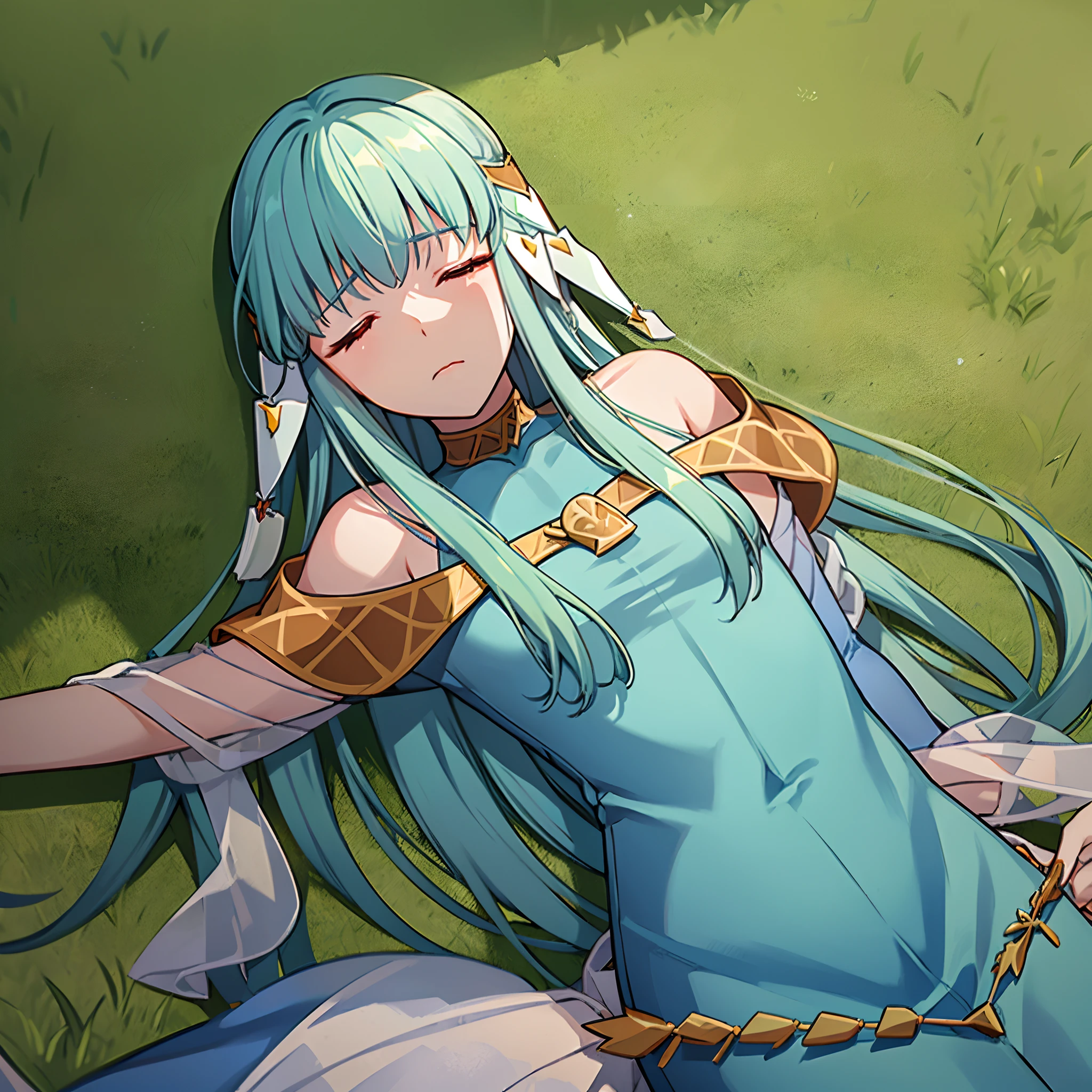 Ninian is lovingly languid in a grassy and windy field after being struck down in a tough battle, lieing lifeless and inert. She cannot move from her prone position lieing on her back, unable to open her eyes or breath. (Ninian), (blue hair, blue eyes, long hair, closed eyes, torpid, smeared, and sullied face), (Dress), (long blue dress, bare shoulders, jewlry, languid in a dry grassy field, anguished facial expression, closed eyes) (anguished closed eyes:1), no extra digits:1.0, (Ninian languid, prone on her back, defeated:1.5), Ninian is listless and motionless in a barren battlefield with swords and spears, Ninian is sullied and dirty:1.2), (no pillows:1.0), (solo, one person, 1girl:1.5), ninian fe, red eyes, long dress, jewelry, dancer