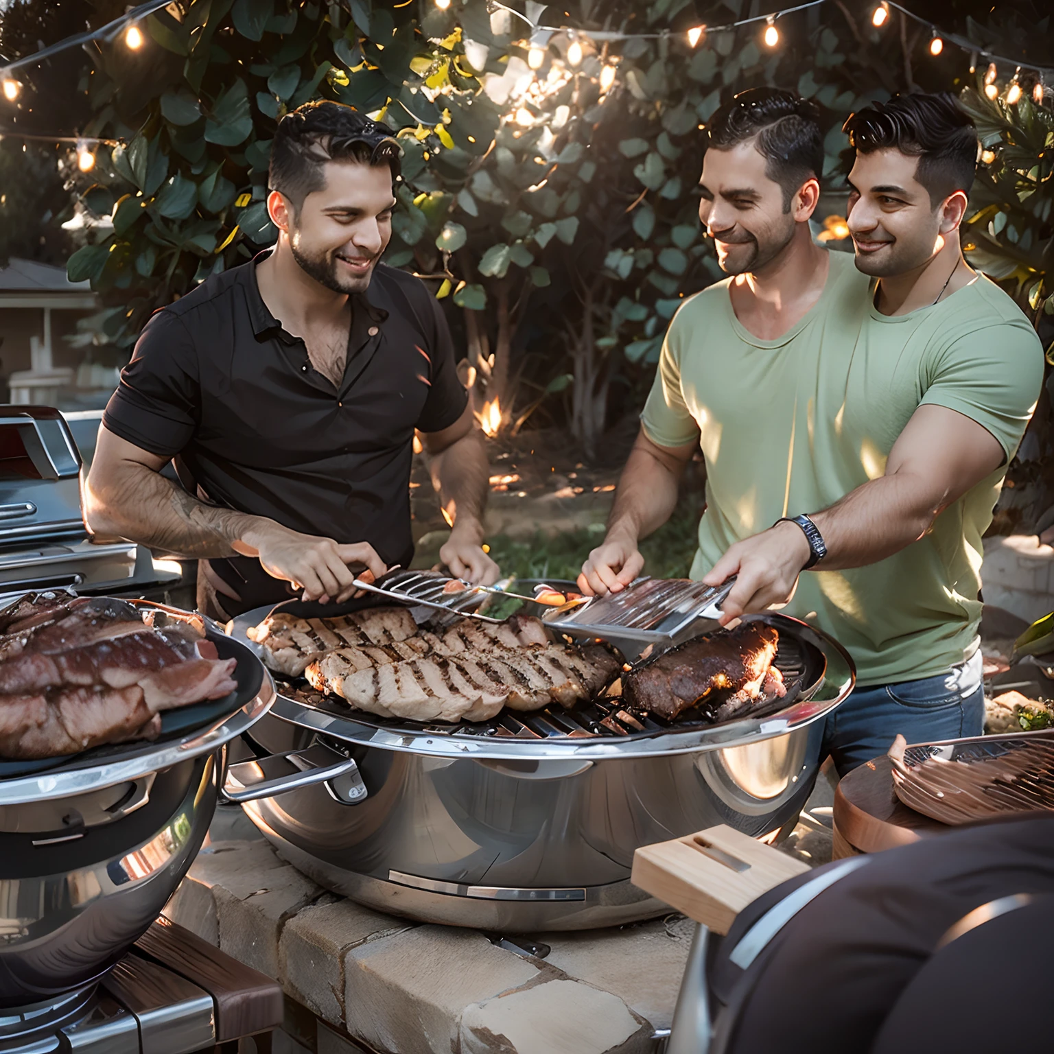 (((2heads))), husband and wife side by side, grilling some meats on an outdoor grill in the backyard of a typical American suburban house,
