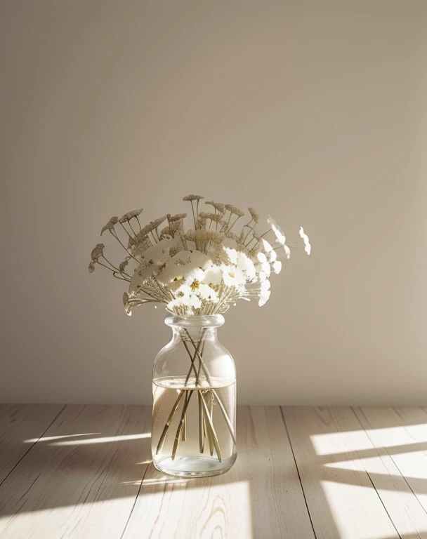White dried flowers、White Wood Interior Accessories、Soft light、Rim Lights、beautiful shadow、lowkey、(Photorealsitic、Raw foto:1.2)、(Natural texture、realistic detailed)、Hyper-Realism、超A high resolution、4K、top-quality、white walls、Perfect Angle、