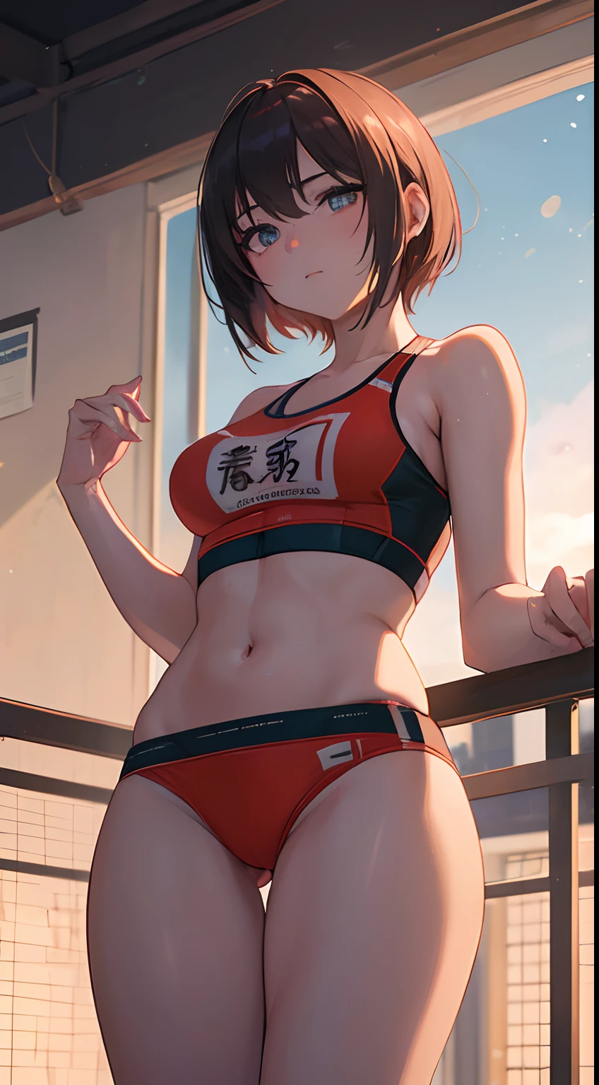(masutepiece, Best Quality, fine lines:1.4), 8K, 85mm Portrait, Raw photo, absurderes, Delicate girl, Cowboy Shot, (thighs thighs thighs thighs, From below:1.3), Shiny skin, (track uniforms, Sportswear, sports bras, sports bikinis:1.3), rikujou, track and field, , Looking at Viewer, 18year old, Short hair, nffsw, Sharp Focus, hight resolution, Photography, Realistic, highest details, ighly detailed, ultra-detailliert, finely detail, Eyes and faces with detailed, Sharp pupils, Realistic pupils, (Smile:0.8), (Bokeh background:1.2)
