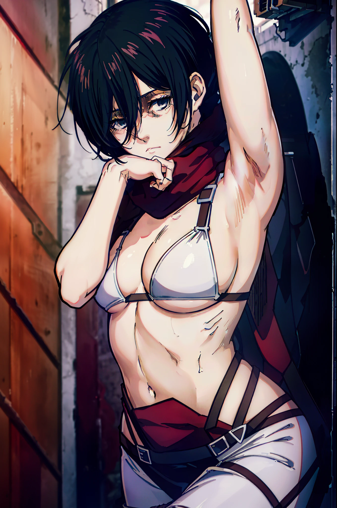 Mikasa Ackerman, posing seductively, leaning against a wall, Bikini, red scarf, 1girl, Attack on titan style, Beautiful girl