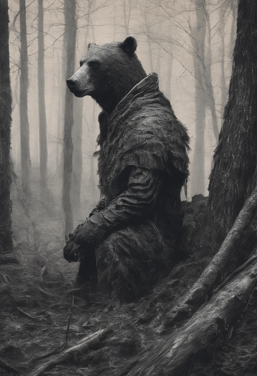 there is a bear with a red scarf on its neck, portrait of anthropomorphic bear, owlbear, by Adam Marczyński, anthropomorphic samurai bear, black bear samurai, inspired by Samuel Hieronymus Grimm, grizzled, award winning creature portrait, by Líviusz Gyulai, bear, portrait of forest gog