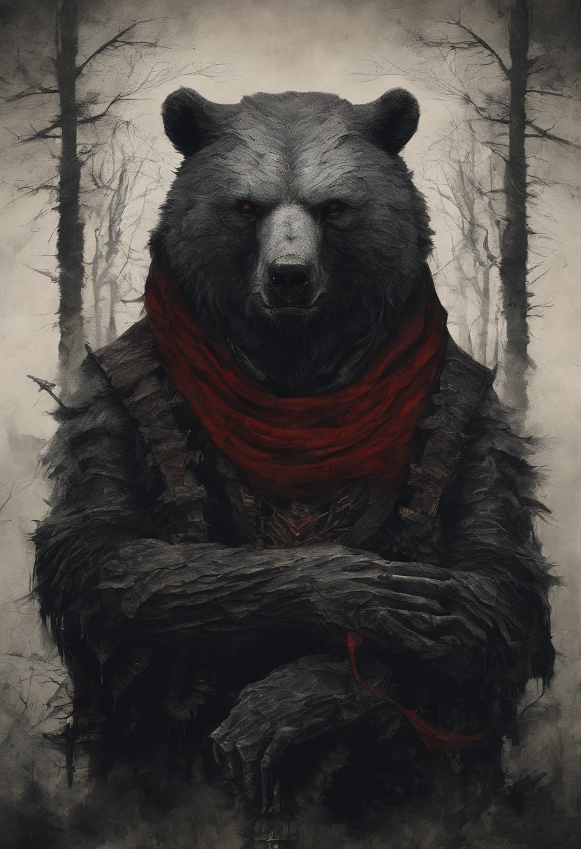 there is a bear with a red scarf on its neck, portrait of anthropomorphic bear, owlbear, by Adam Marczyński, anthropomorphic samurai bear, black bear samurai, inspired by Samuel Hieronymus Grimm, grizzled, award winning creature portrait, by Líviusz Gyulai, bear, portrait of forest gog