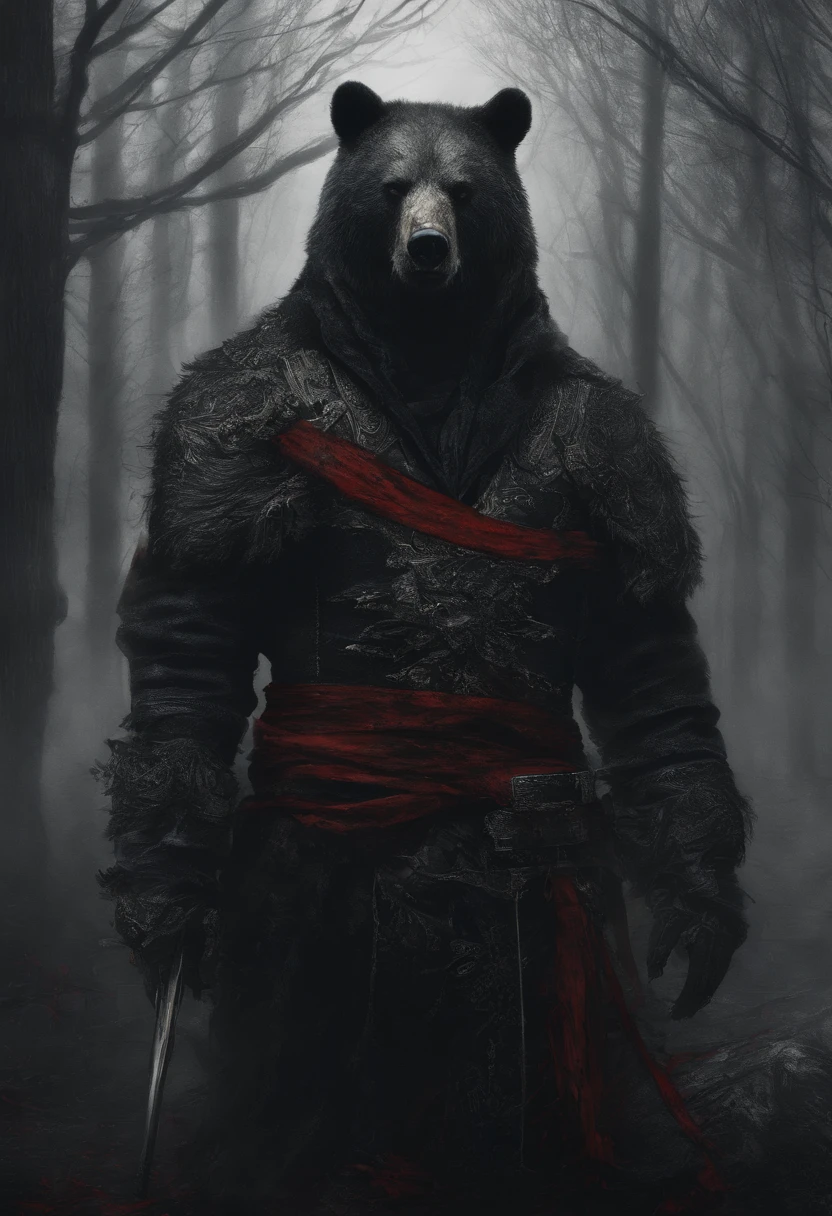 there is a bear with a red scarf on its neck, a digital painting by Adam Marczyński, Artstation contest winner, furry art, portrait of anthropomorphic bear, owlbear, anthropomorphic samurai bear, black bear samurai, award winning creature portrait, grizzled, bear, portrait of forest gog, dramatic cinematic detailed fur