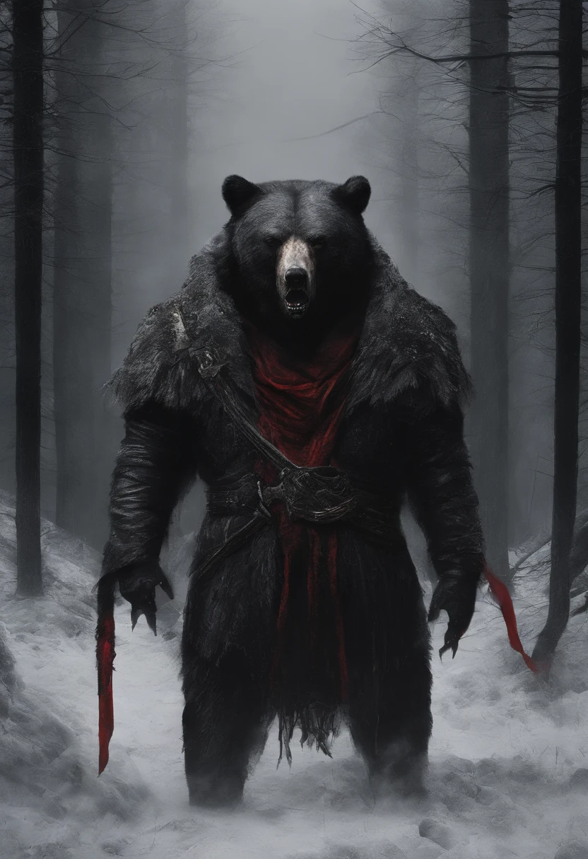 there is a bear with a red scarf on its neck, a digital painting by Adam Marczyński, Artstation contest winner, furry art, portrait of anthropomorphic bear, owlbear, anthropomorphic samurai bear, black bear samurai, award winning creature portrait, grizzled, bear, portrait of forest gog, dramatic cinematic detailed fur