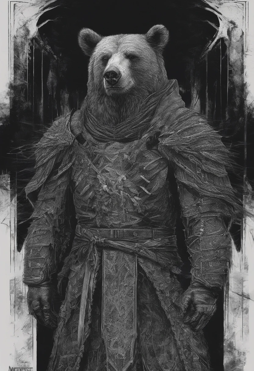 there is a bear with a red scarf on its neck, a digital painting by Adam Marczyński, Artstation contest winner, furry art, portrait of anthropomorphic bear, owlbear, anthropomorphic samurai bear, black bear samurai, award winning creature portrait, grizzled, bear, portrait of forest gog, dramatic cinematic detailed fur