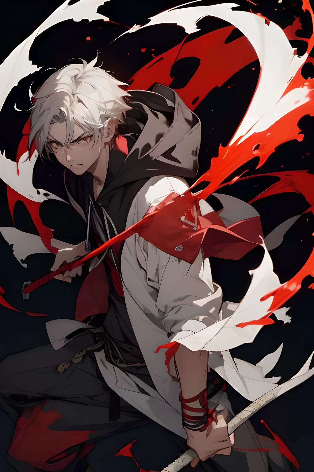 Guy Red Eyes,White hair,black clothes with a katana on the belt