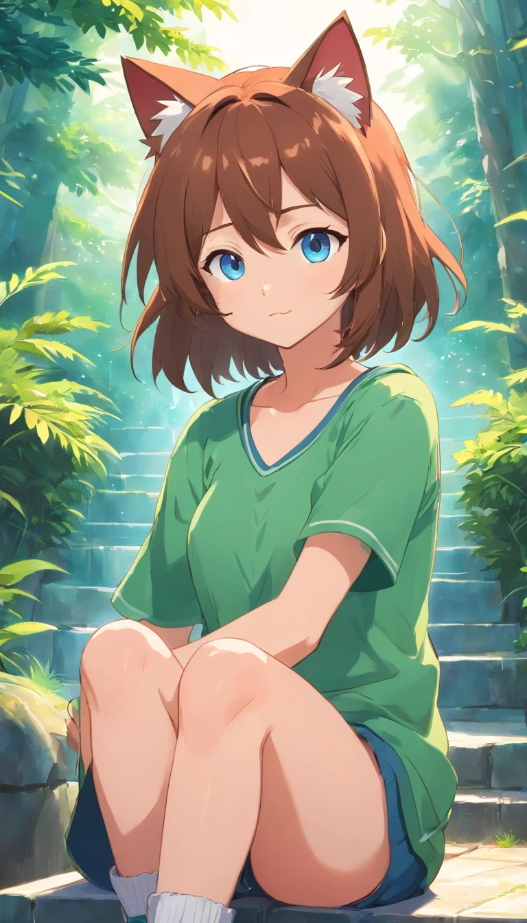 shaggy,Blue glowing eyes,humongous large breast,Cute cats,A little girl sitting,2.7D,Ultra-high sharpness,超高分辨率,8K