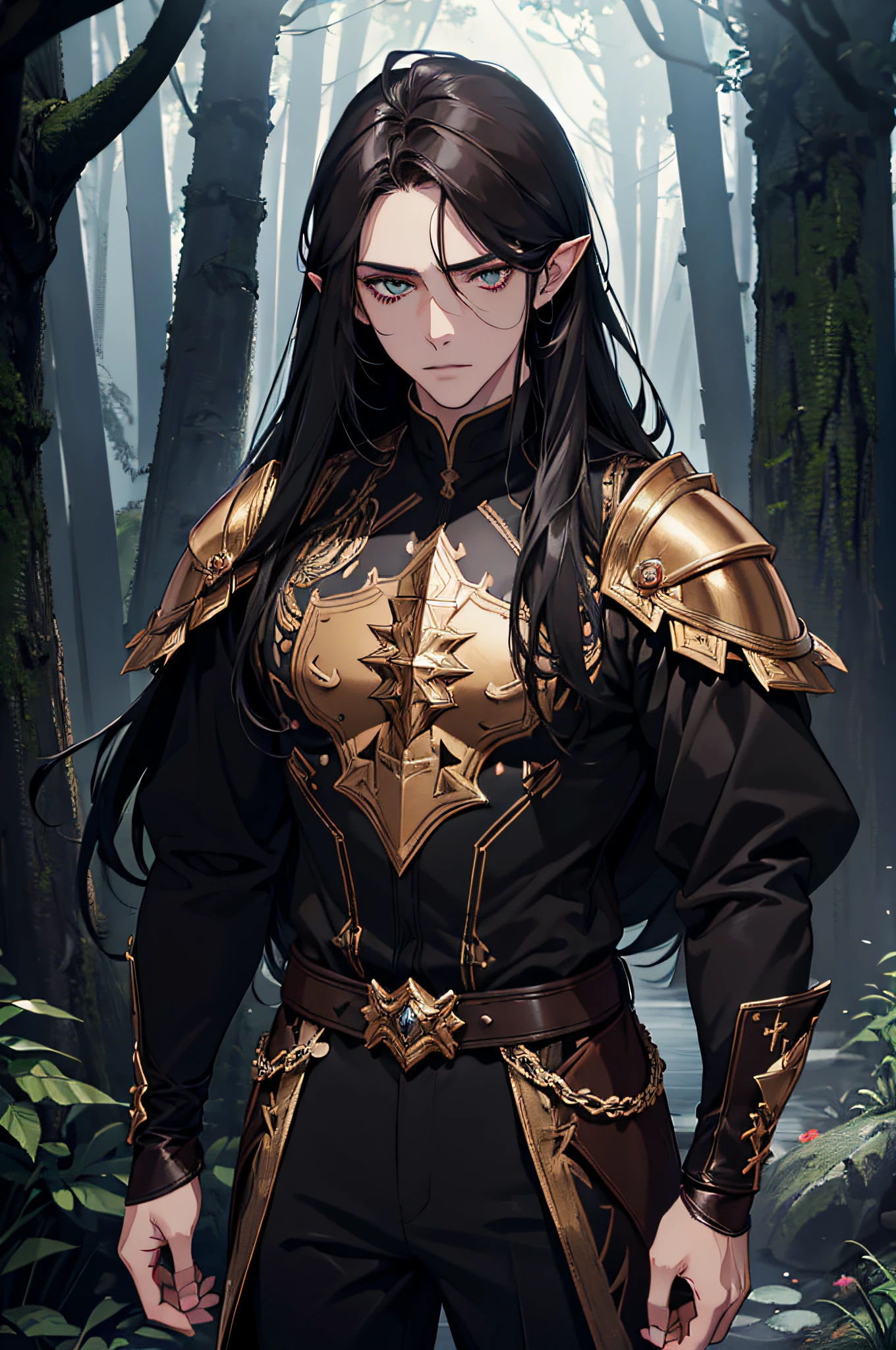 (absurdres, highres, ultra detailed), 1 male, adult, beautiful, strong, musculous, pointy ears, long black hair, cristal amber eyes, detailed face, finely detailed eyes, fantasy, dark brown clothes warrior, leather armor, fantasy forest, dark forest, dark theme, cinematic lighting, colorful