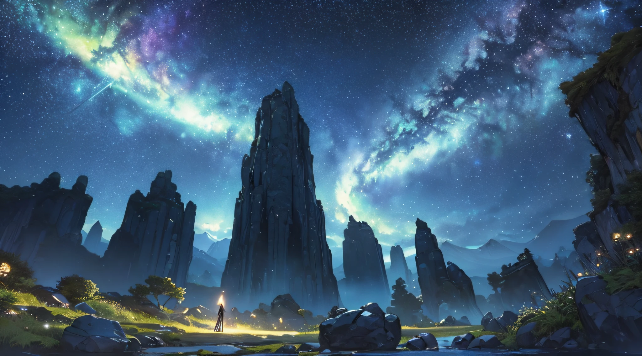 masterpiece、Background with((Fantastic starry sky、meteors、black hole))、Depth((Huge mysterious boulders、Luminescent、plants))、a beauty girl、Traditional costumes、Looking up
