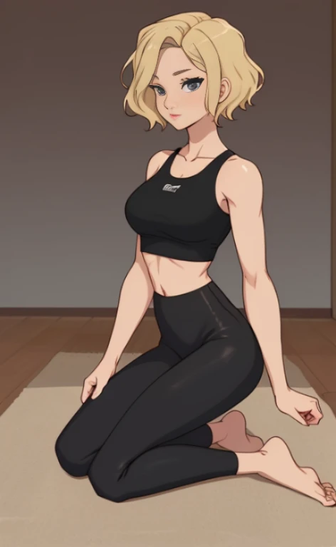 A beautiful barefoot blonde woman with wavy short hair wearing black leggings and a croptop.
