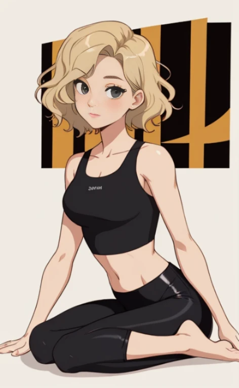 A beautiful barefoot blonde woman with wavy short hair wearing black leggings and a croptop.