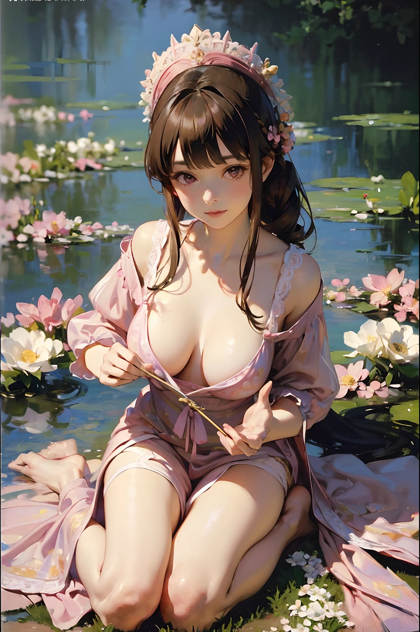 alice in the wonderland, , Waterfront, banquet, 1 woman, Mature woman, elegant, Chinese style, Ancient China, sister, Royal Sister, cheerfulness, Meatball heads, Light brown hair, Pink eyes, Gorgeous headdress, Light pink lips, Pink clothes, Yarn-like clothing, Intellectual, Full bangs, Flat bangs, Flower bulbs, Face delicate,updo(Enrich the picture,Masterpiece level quality)Beautiful 8K CG artwork,Goddess-like posture,Kneeling exercise,Slim and soft,Translucent skin,brunette color hair、Medium-long hair and messy hair blend beautifully,The skin is fair and juicy,Big breasts uniform,Perspective Part 1.2x enhanced silhouette effect,Pajamas are delicate and transparent,The details are intricate and exquisite,The background is slightly blurred,Charming and lustful leg seduction,(Monet, Impresionismo, Oil painting), 02