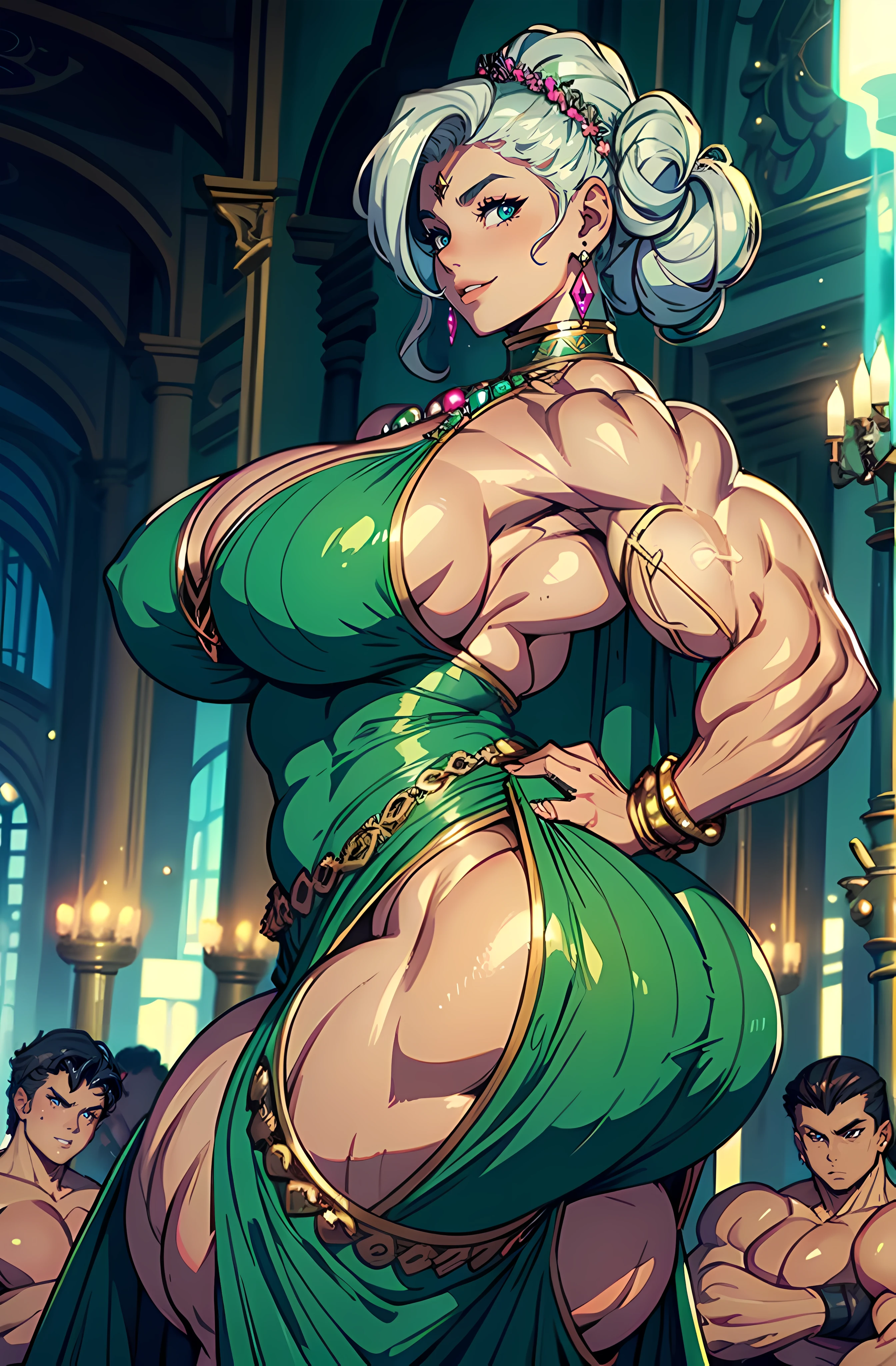 Best quality, solo mature woman, enormous breasts, giant ass, very curvy, tanned skin, ballroom hairstyle, pastel green eyes, full lips, seductive, smiling, ballroom dress, long gloves, silver jewellery, beads in hair, rose on dress, curvy physique, thick thighs, (((((huge muscles)))))